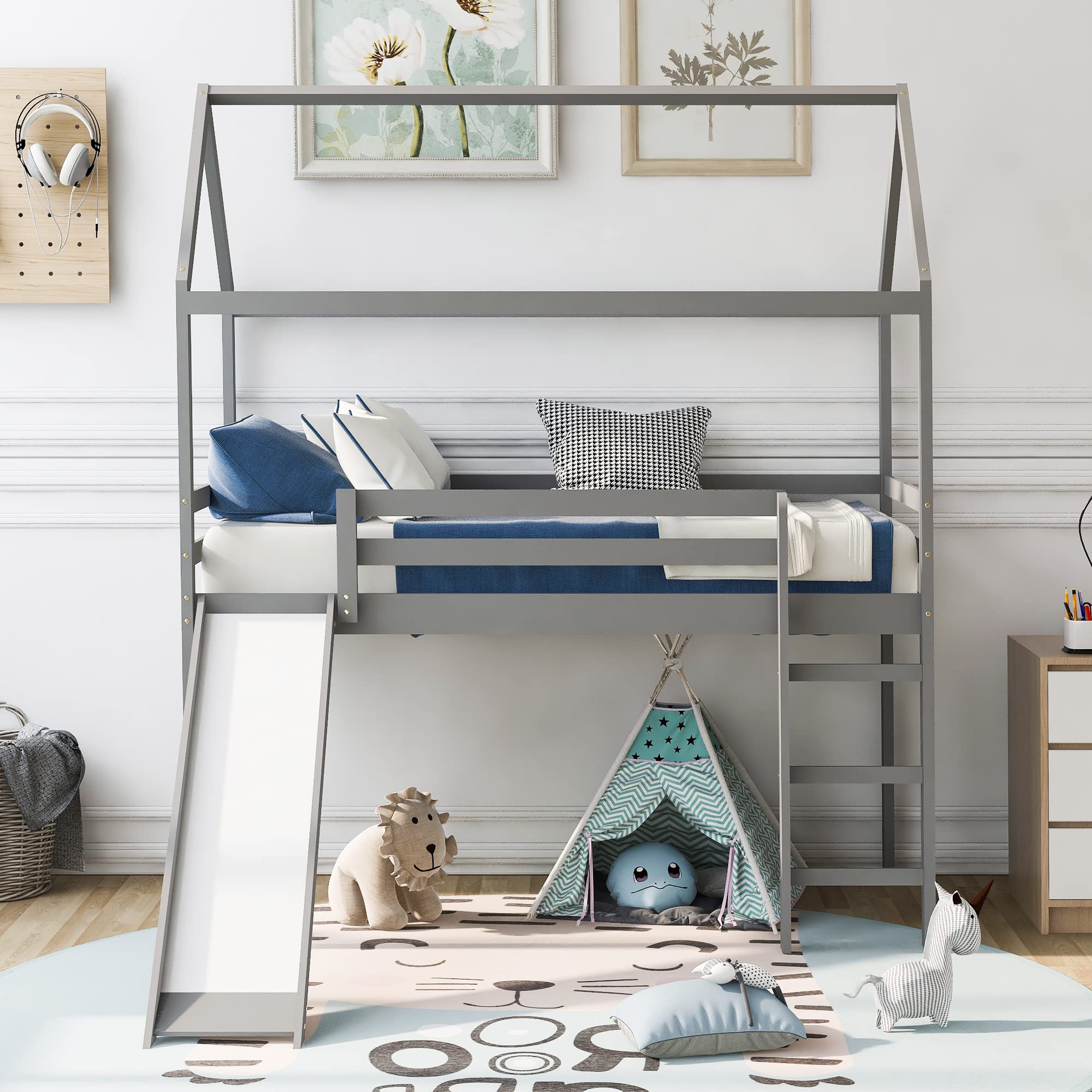 **Twin Size Wooden Tent Bed Frame with Roof & Slide - Kids Playhouse Loft Bed with Safety Fence, Nursery Furniture for Boys & Girls (Gray) - Perfect for Bedrooms, Playrooms & Montessori Learning Spaces**