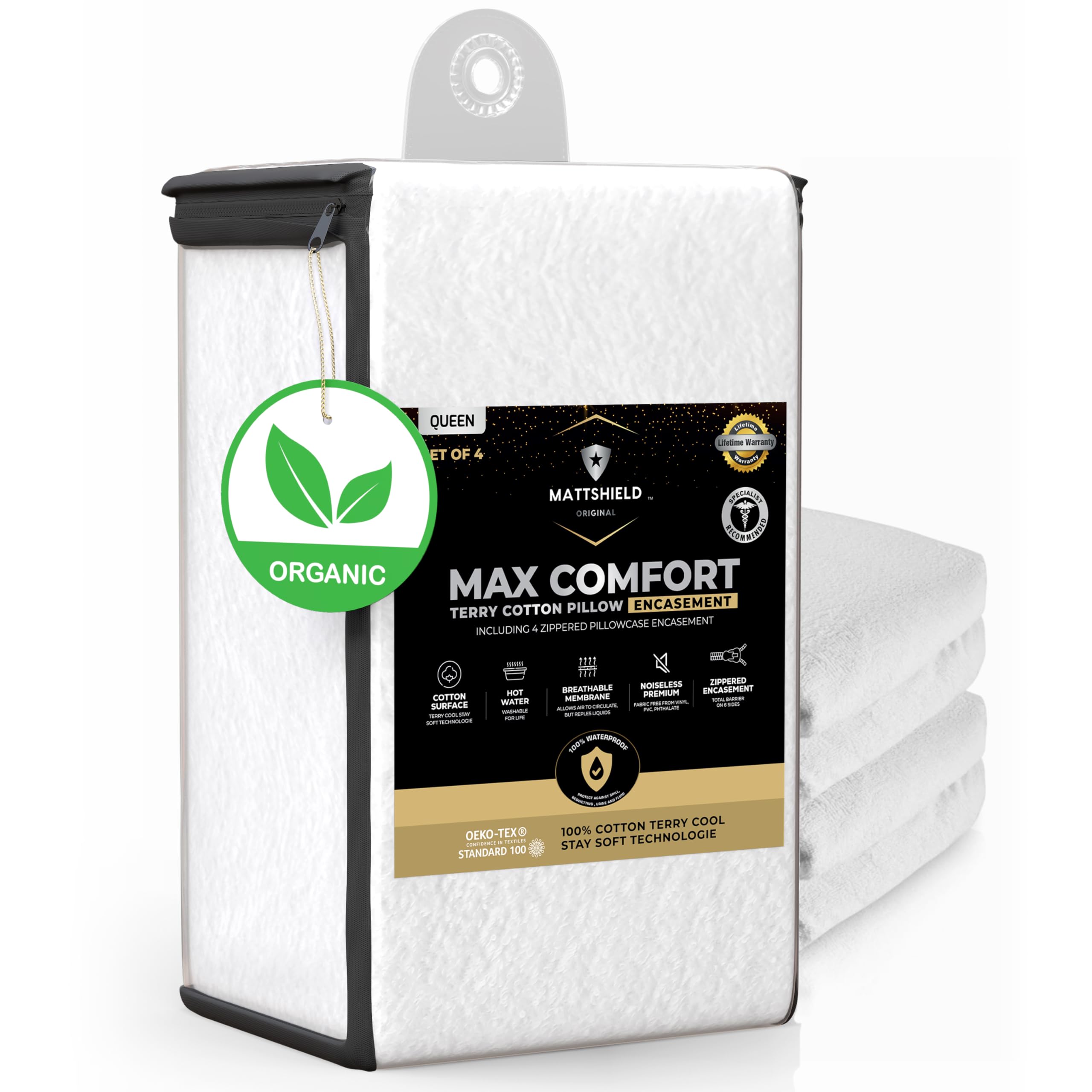 4 Pack Queen Size Organic Cotton Pillow Protectors - Waterproof, Bed Bug Proof Zippered Pillow Covers - 100% Breathable Terry Cotton for Allergy Relief - Perfect for Hotels, Dorms & Home Use (White)