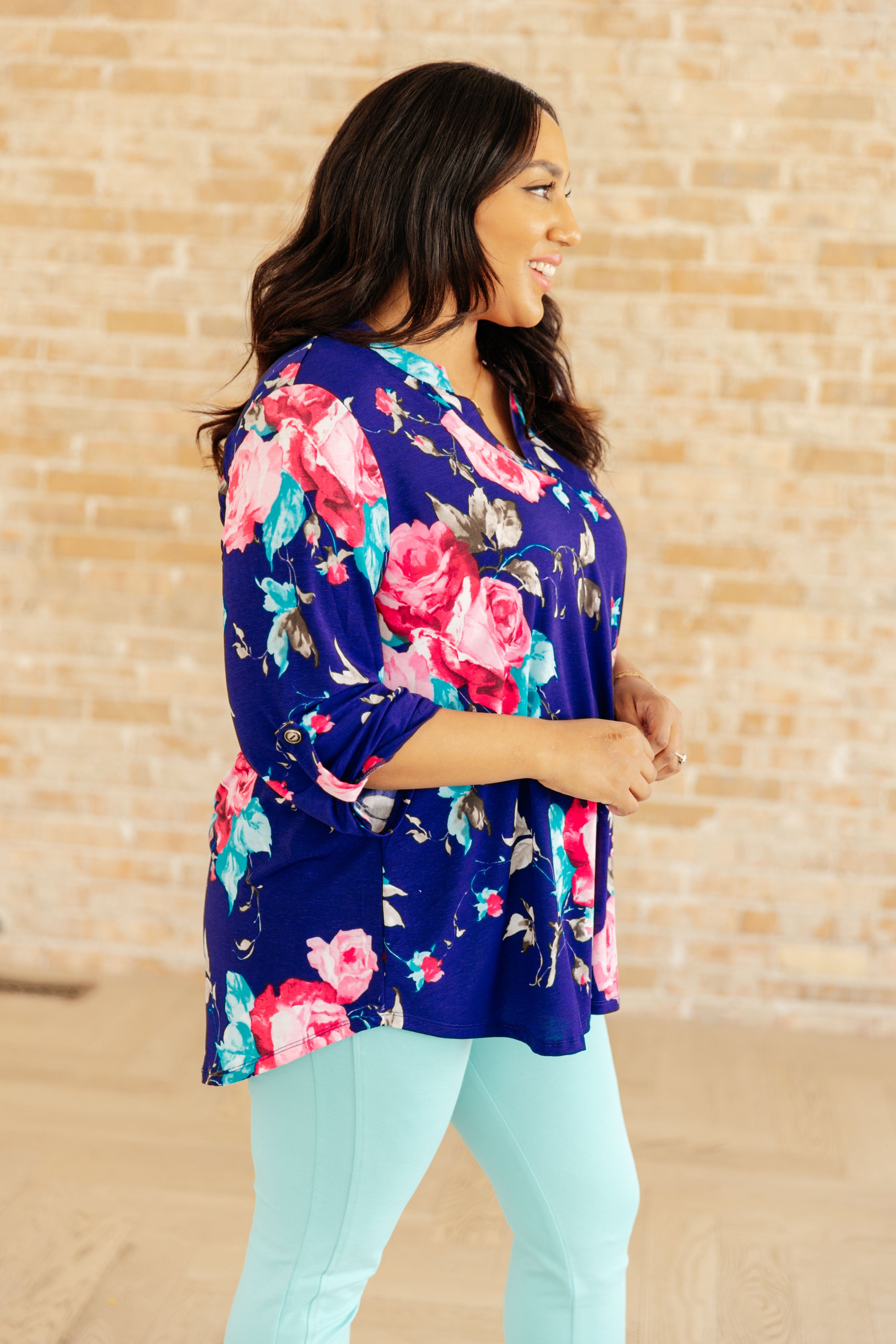 Lizzy Top in Royal Floral Print - Women's Elegant Blouse for Work, Date Night & Special Occasions | Fashionable Floral Tops for Spring & Summer