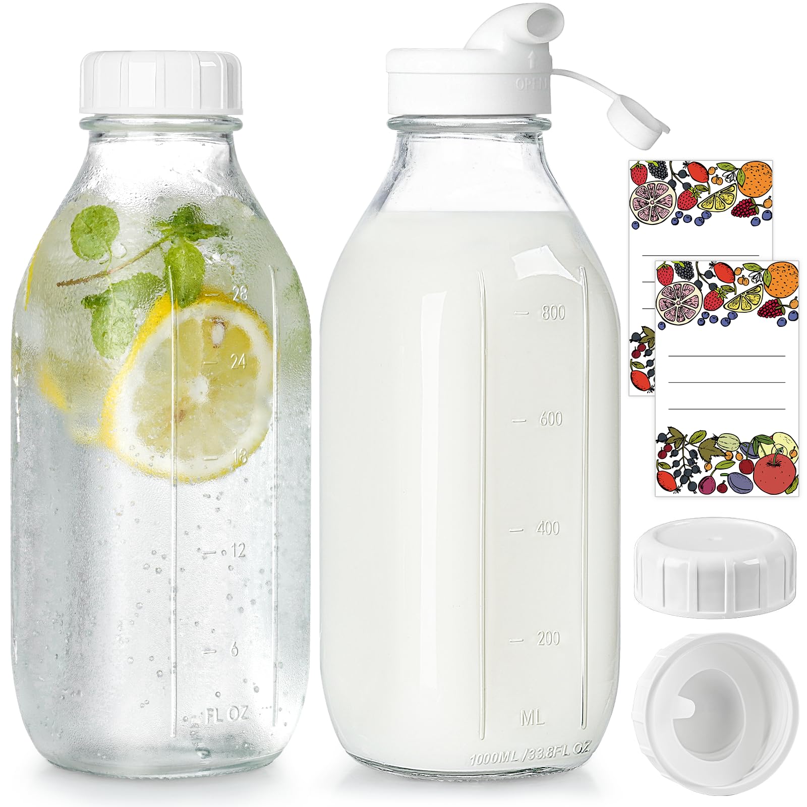 32oz Reusable Glass Milk Bottles with Dispenser Cap - 2 Pack Airtight Heavy Duty Screw Lid Set for Breast Milk, Buttermilk, Juice & Water | Perfect for Baby Feeding, Kitchen Storage & Beverage Dispensing