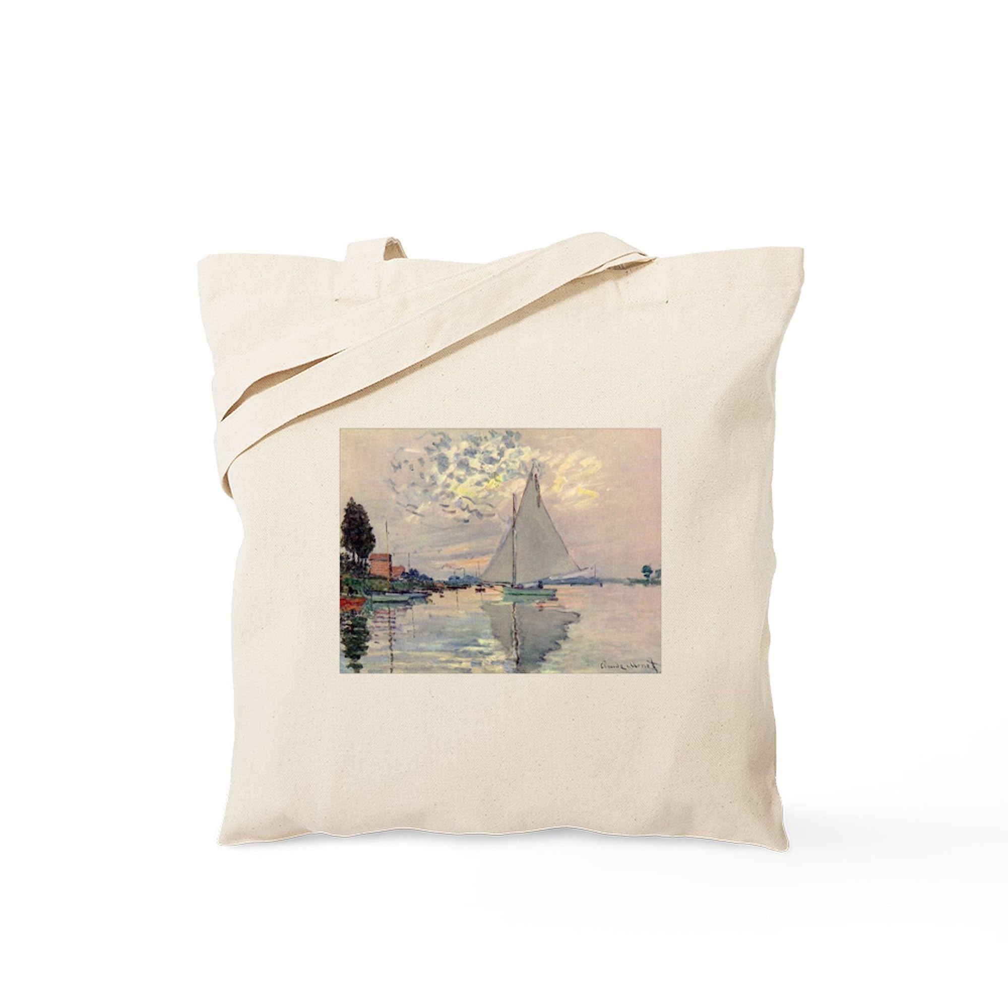Monet Sailboat Tote Bag - Natural Canvas Reusable Shopping Bag for Women, Beach, Grocery & Work Commute | Waterproof & Eco-Friendly Tote