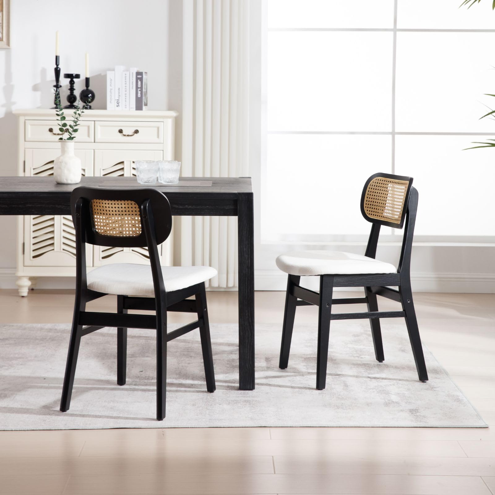 2 Pack Rattan Dining Chairs - Black Linen Upholstered Farmhouse Kitchen Chairs with Natural Wood Frame | Boho Style Side Chairs for Dining Room, Breakfast Nook & Outdoor Patio