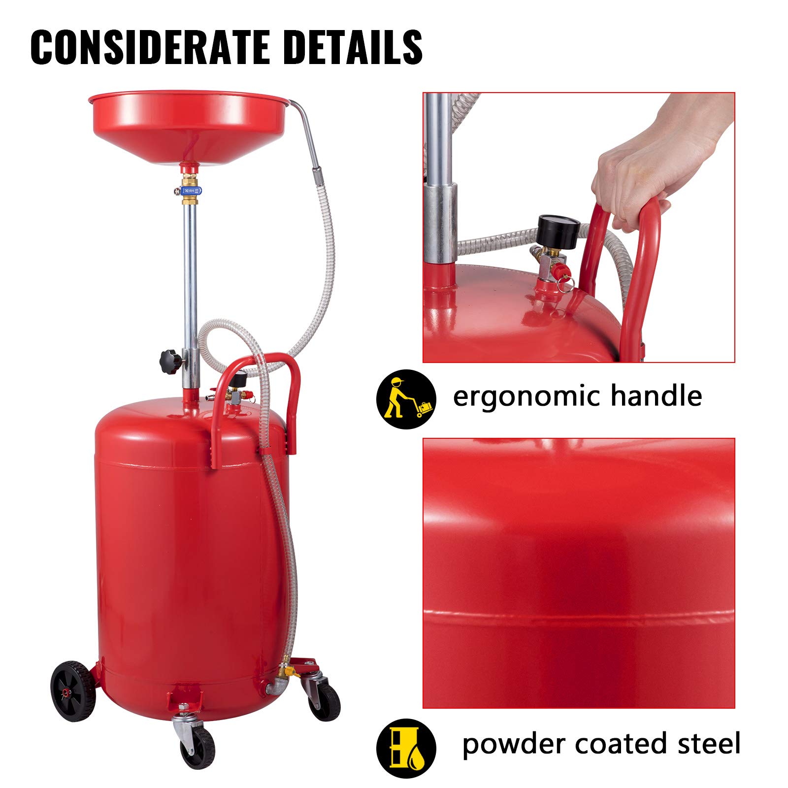 VEVOR 20 Gallon Portable Waste Oil Drain Tank - Air Operated Oil Change Container with Adjustable Funnel Height & Wheels for Easy Fluid Fuel Transfer | Perfect for Auto Shops, DIY Garage Oil Changes & Industrial Drainage Solutions