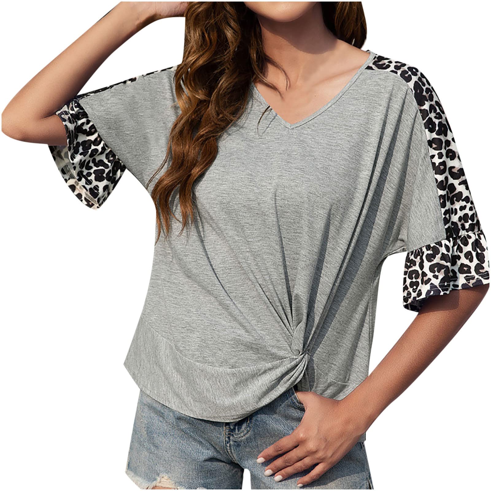 Women's Leopard Print V-Neck Short Sleeve T-Shirt - Summer Casual Vacation Top for Women | Beach Outing, Date Night & Weekend Wear