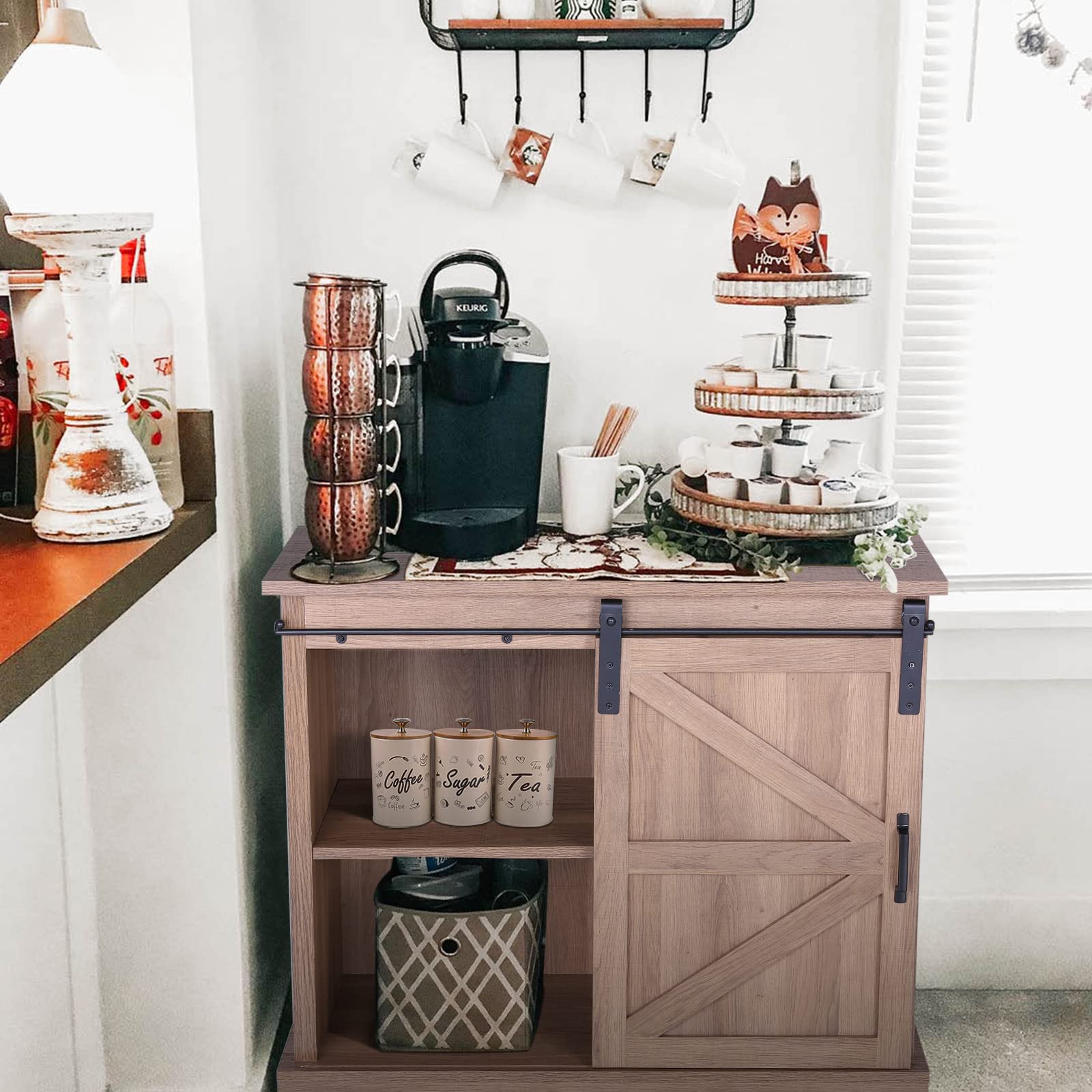 MFSTUDIO Rustic Oak Farmhouse Coffee Bar Cabinet - Kitchen Sideboard Buffet Storage with Sliding Barn Door for Dining Room & Living Room | Perfect for Entertaining, Coffee Station & Home Organization