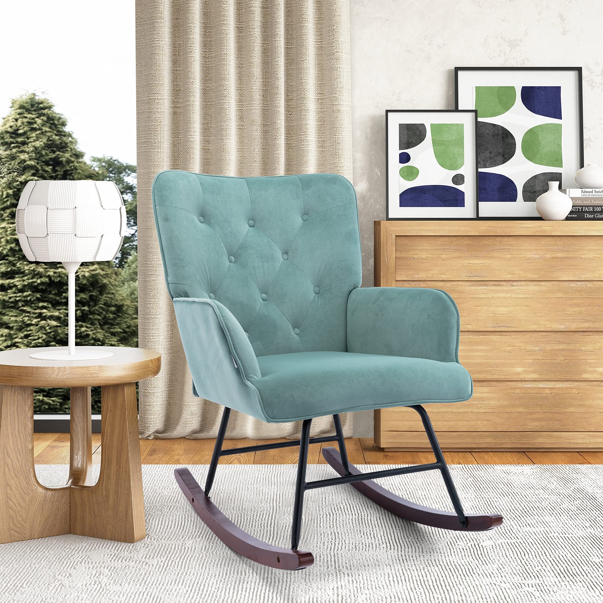 Velvet Upholstered Tufted Rocking Chair - Comfortable Nursery, Living Room & Bedroom Accent Armchair with Backrest - Mint Green Leisure Chair for Reading, Nursing & Relaxation