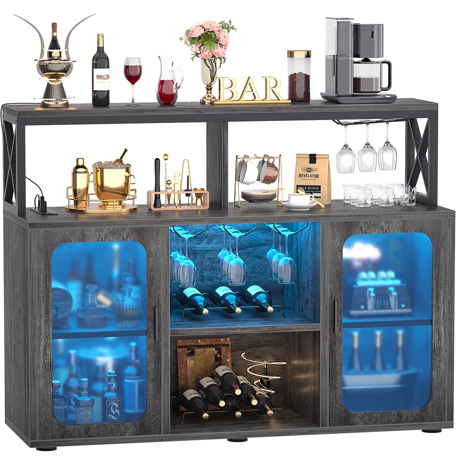 Aheaplus Modern Bar Cabinet with Power Outlets & LED Lights - Grey Oak Liquor Storage Cabinet with Glass Holder & Wine Racks - Perfect for Home Bar, Kitchen Coffee Station & Entertaining Guests