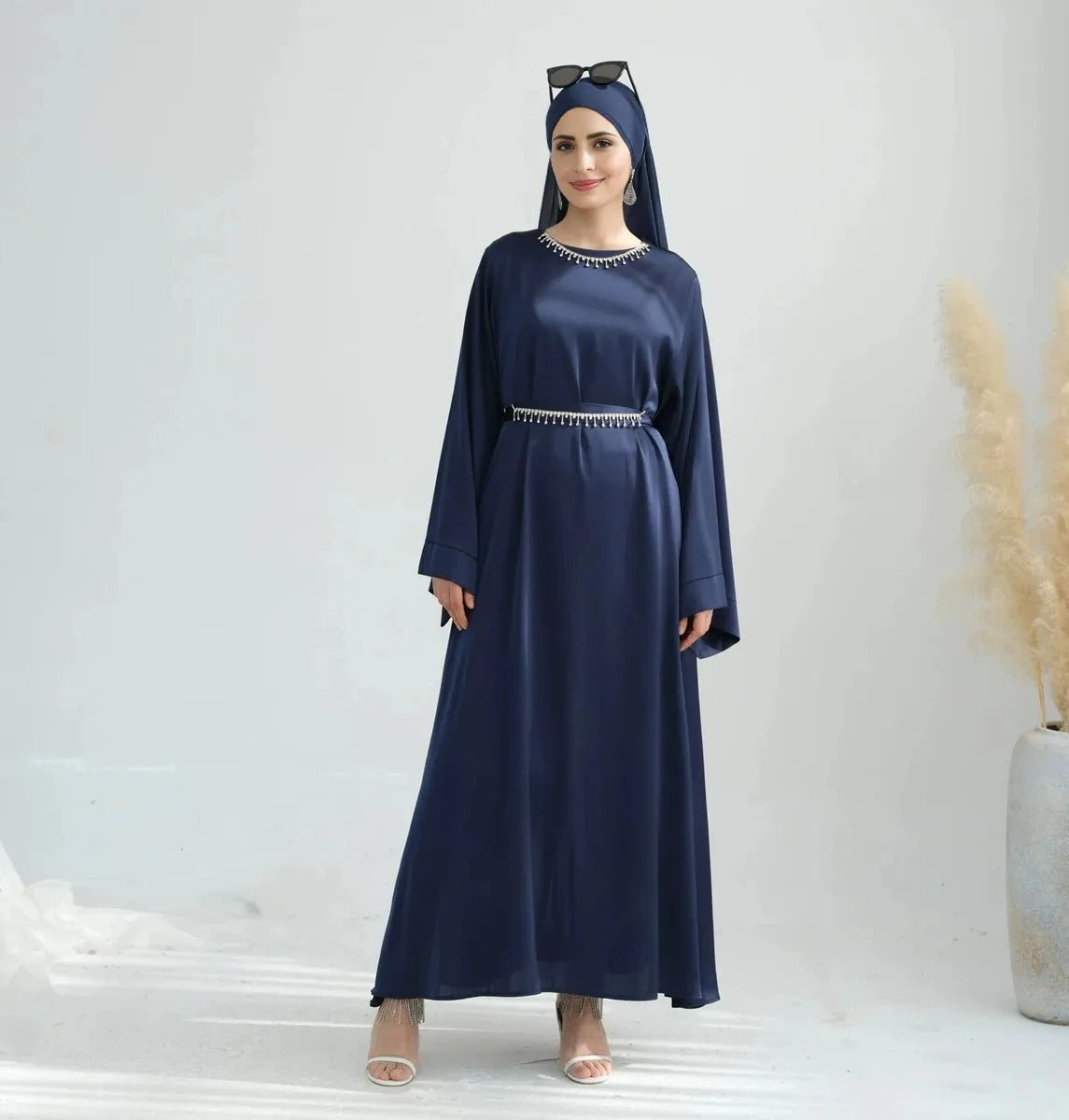 Elegant Crystal Belt Satin Abaya Dress with Matching Hijab & Necklace Set - Perfect for Eid, Weddings & Special Occasions