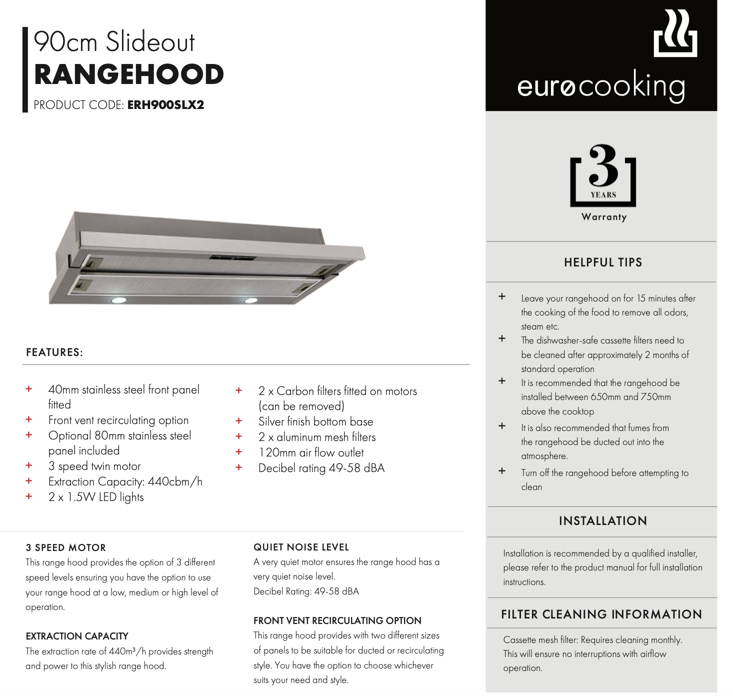 Euro Appliances ERH900SLX2 90cm Stainless Steel Slide-Out Range Hood - Powerful Kitchen Ventilation for Smoke & Odor Removal - Perfect for Modern Kitchens & Open-Plan Living Spaces