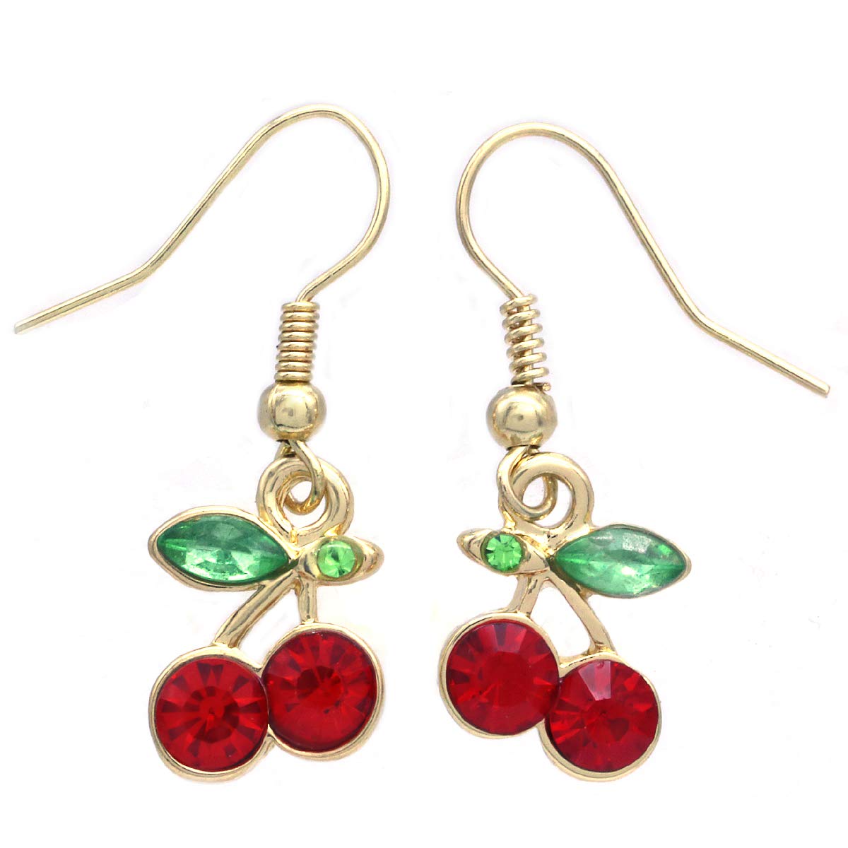 Stylish Green Leaf Red Cherry Dangle Earrings with Rhinestones - Trendy Fashion Jewelry for Women, Perfect for Parties, Weddings & Everyday Wear