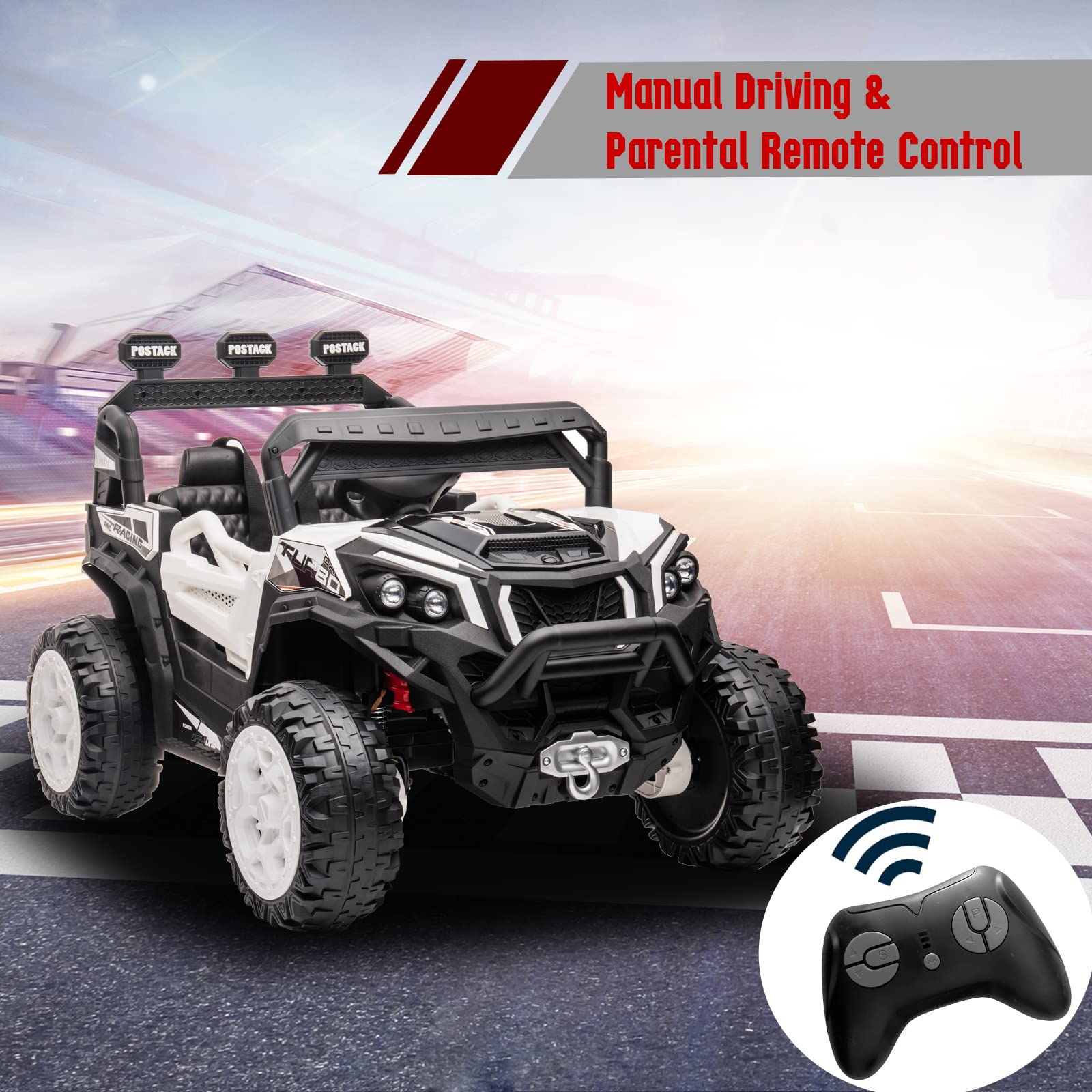 POSTACK 24V Kids Electric Ride On Car with Parent Remote Control - 2WD/4WD Battery Powered Toy UTV with Music, LED Lights, Bluetooth & Storage Trunk - Perfect for Outdoor Play, Birthday Gifts & Family Fun (White)