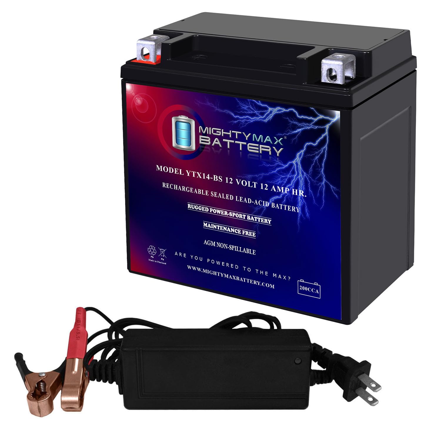 Mighty Max YTX14-BS 12V Battery with 2A Charger - Compatible with Yamaha 1000 Apex 2017 & More | Powersport Vehicles, ATVs, Snowmobiles & Marine Applications