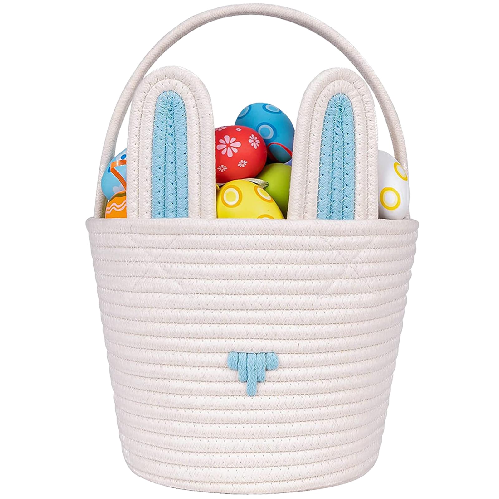 Easter Basket for Kids - Cute Bunny Woven Basket with Handles for Toddlers, Teens & Adults | Empty Storage Basket for Candy, Eggs & Gifts | Perfect for Easter Egg Hunts, Party Favors & Home Decor (Blue Ear Design)
