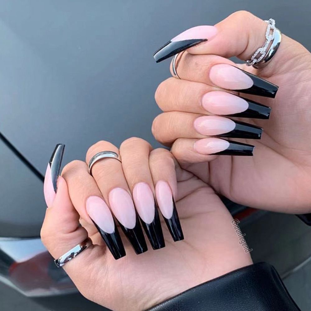 24Pcs Punk Black White Patchwork Fire Press on Nails - Long Coffin Fake Nails with Ballerina Tips for Manicure & Nail Art | Perfect for Halloween, Parties, Cosplay and Daily Fashion