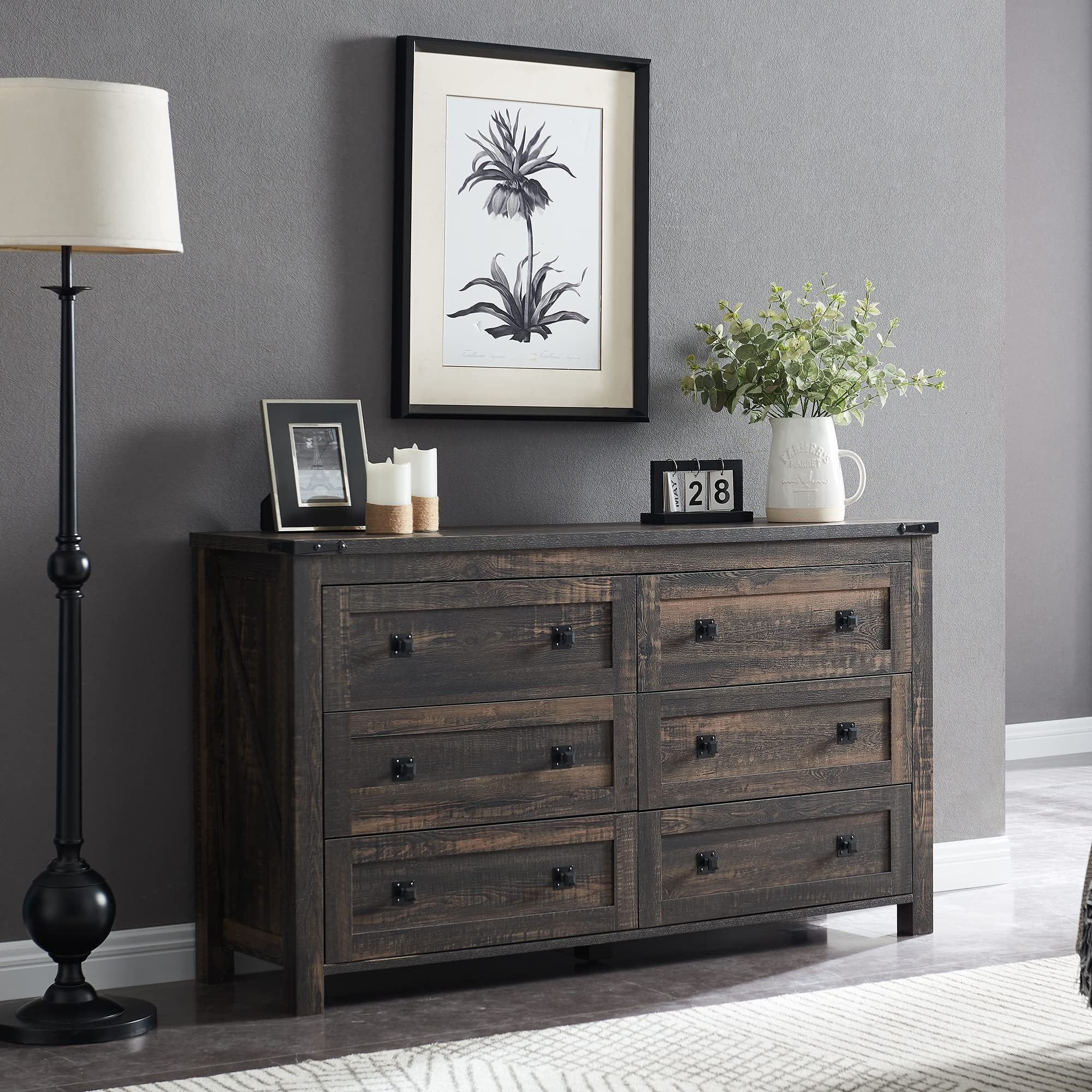 Rustic Oak 6-Drawer Dresser for Bedroom - Farmhouse Wood Storage Chest with Wide Drawers - Organizer for Clothes, Bedding & Home Essentials - Perfect for Bedroom, Living Room & Hallway Decor