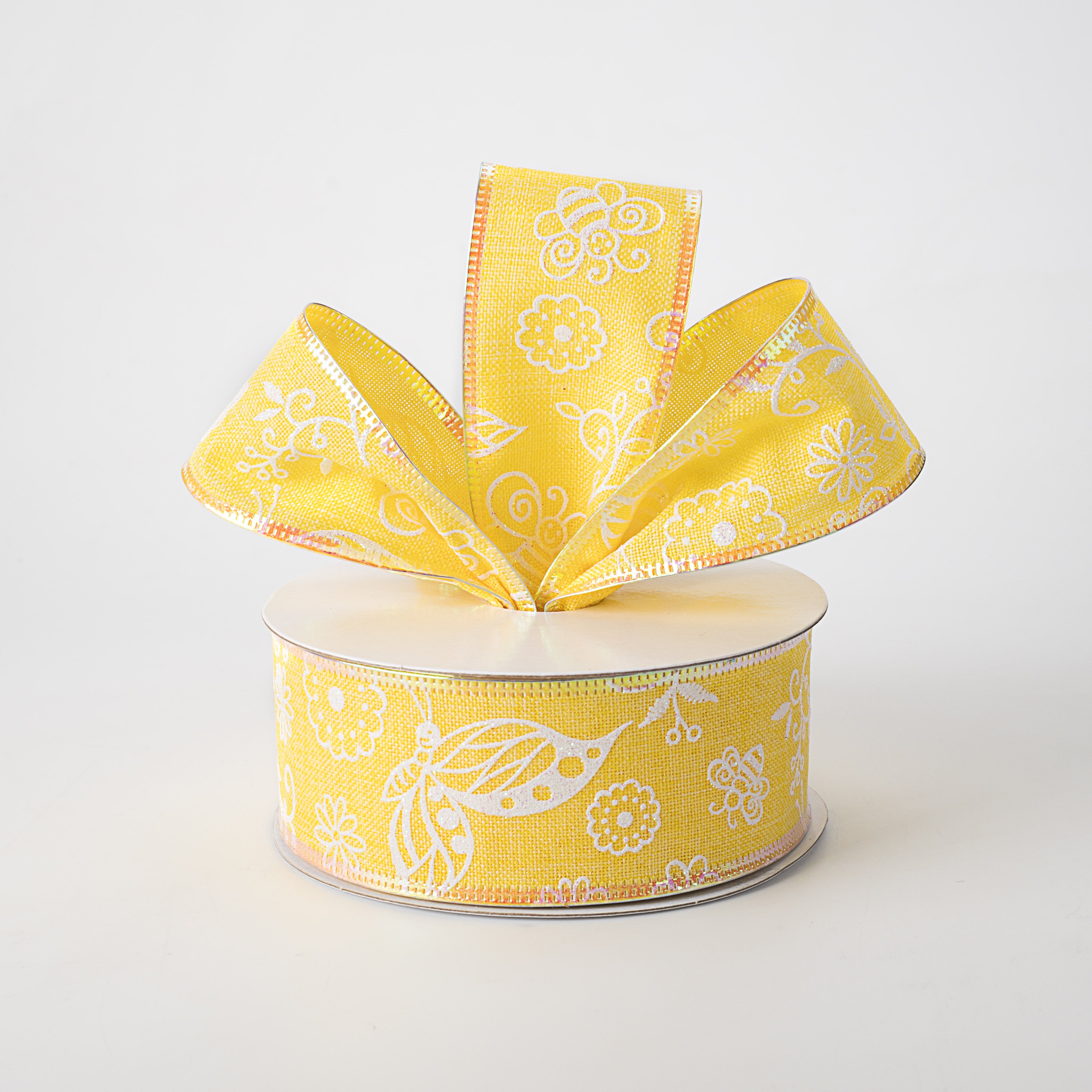 1.5 Inch Iridescent Floral & Insect Linen Ribbon - Yellow (10 Yards) for DIY Crafts, Gift Wrapping & Scrapbooking