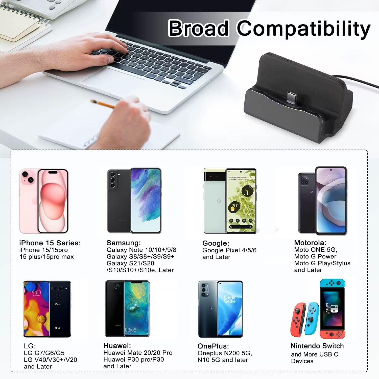 Multi-Port USB C Charger Dock Stand for iPhone 15 Series, Samsung Galaxy, Google Pixel & Switch - Fast Charging Station with 3-in-1 Function for Home, Office & Travel Use