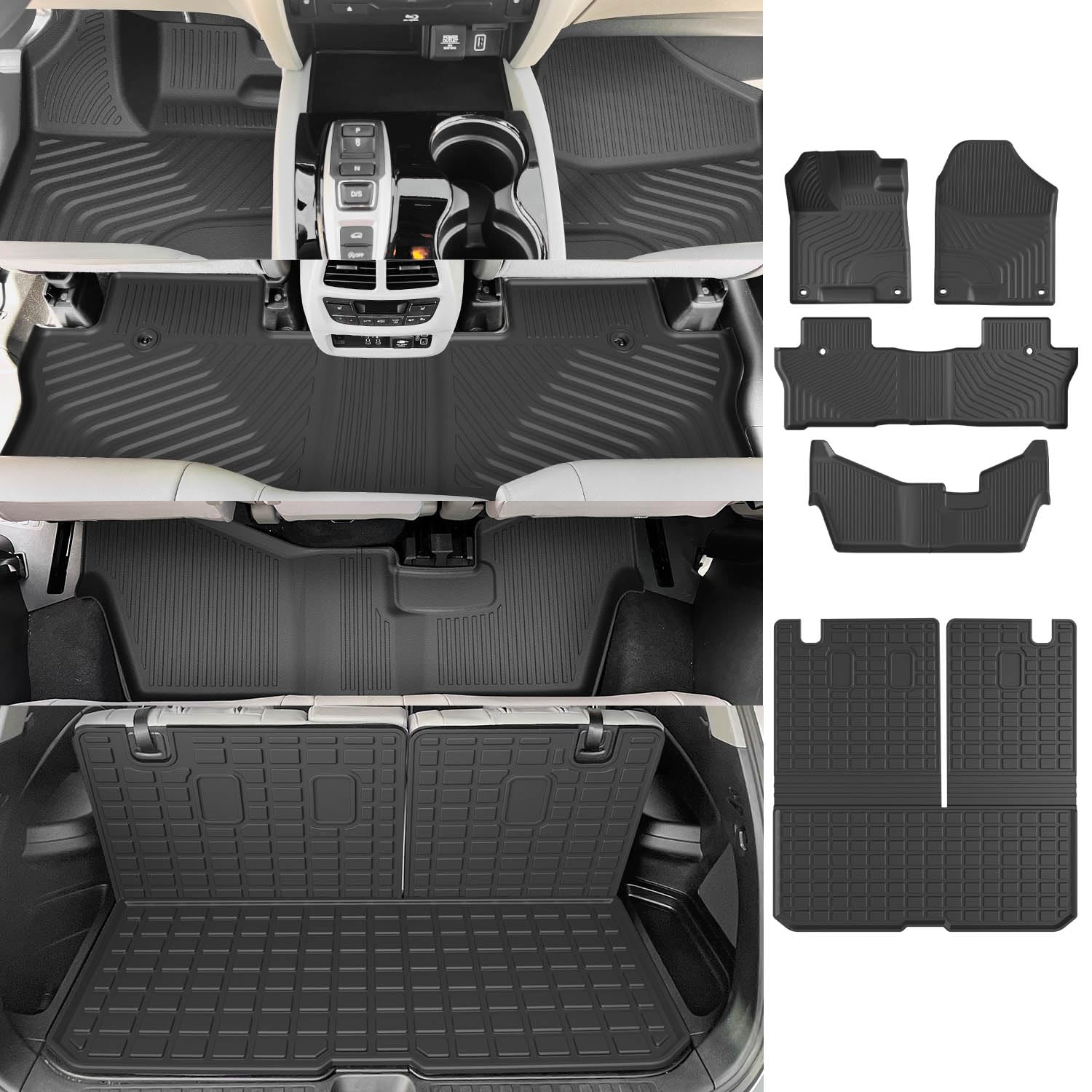 Custom Fit 2016-2022 Honda Pilot Cargo Liner & Floor Mats Set - 8 Seats Trunk Mat with Backrest Protector + All-Weather Floor Mats - Durable Non-Slip Car Accessories for SUV Interior Protection (Perfect for Road Trips, Camping & Family Travel)