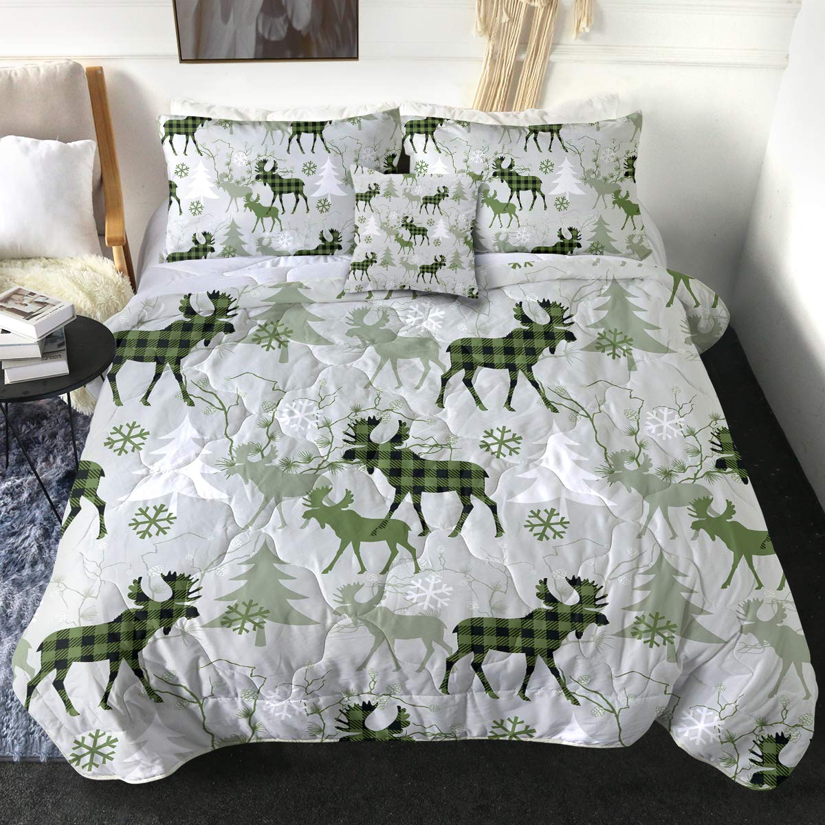 Sleepwish Checkered Moose Comforter Set - Watercolor Green Country Print Woodland Theme 4-Piece King Size Bedding Set for Teen Boys | Perfect for Christmas, New Year Holidays & Cozy Cabin Retreats
