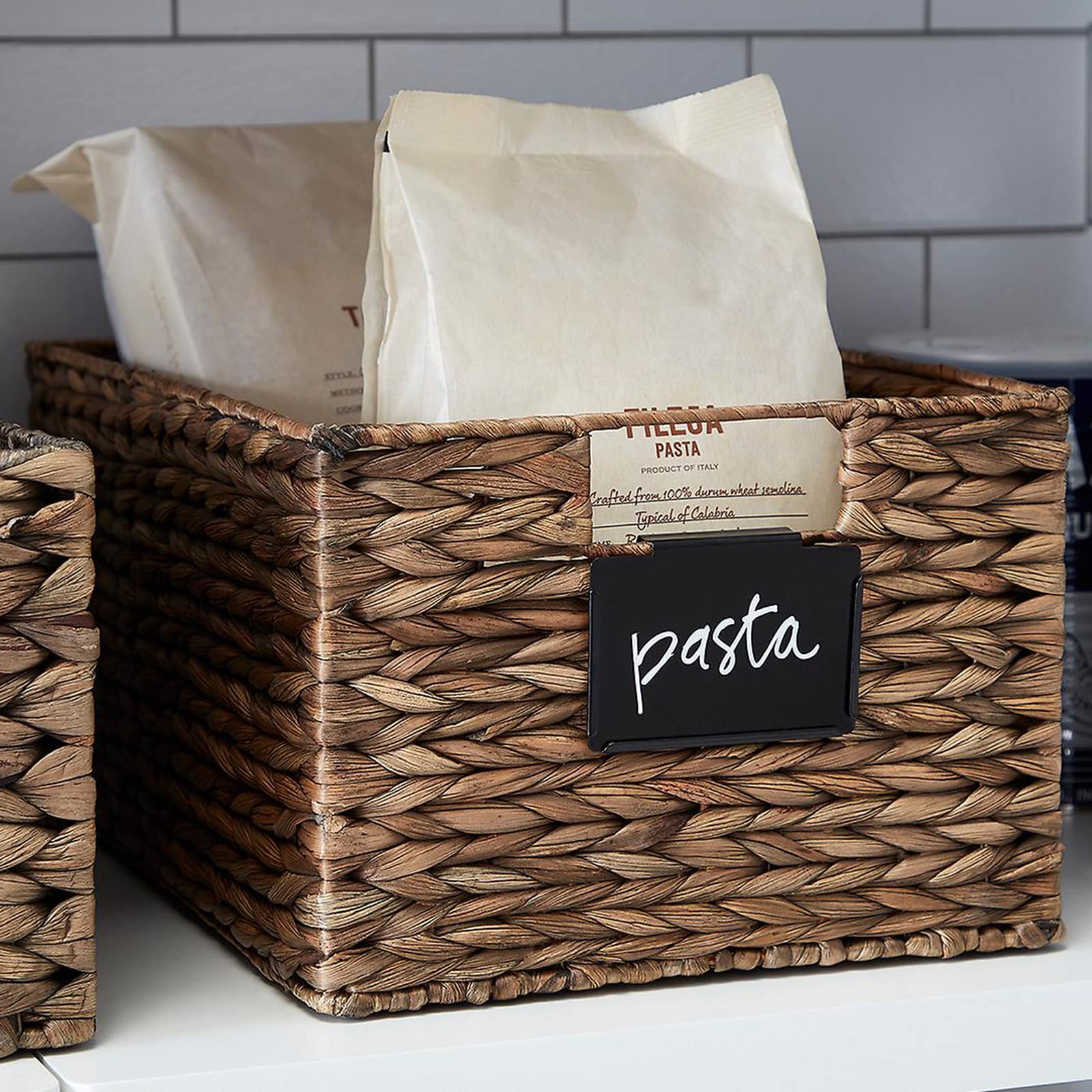 Metal Pantry Basket Labels with Chalkboard Tags - 8 Black Clip-On Holders + 2 White Chalk Markers for Kitchen Storage Organization - Perfect for Pantry Shelves, Spice Jars, and Refrigerator Bins