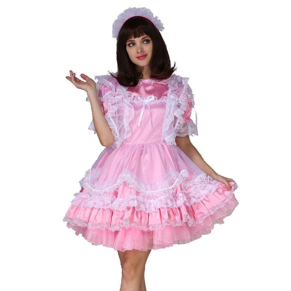 Elegant White Organza and Pink Satin Maid Dress Uniform - Cross Back Design for Cosplay, Halloween, Role Play & Party Costumes