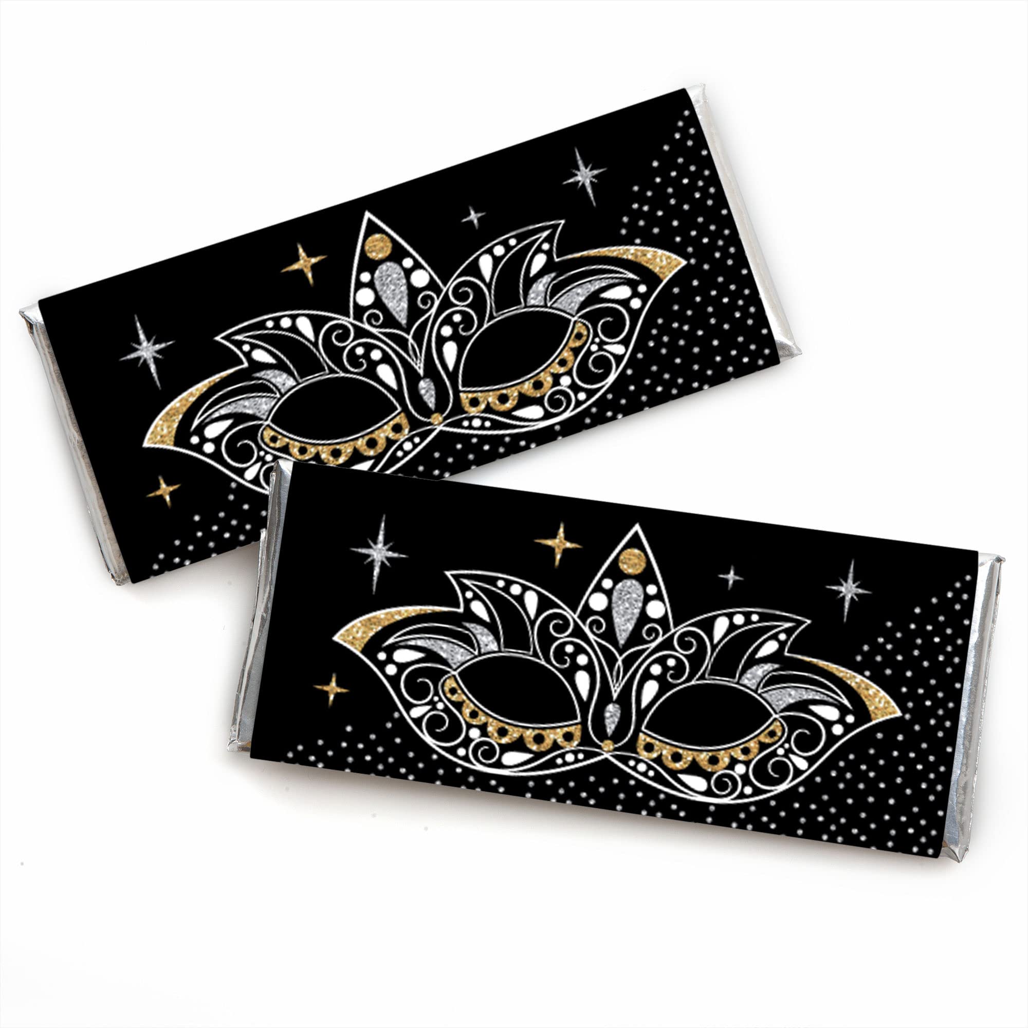 Big Dot of Happiness Masquerade Candy Bar Wrappers - Venetian Mask Design Party Favors (24 Count) - Perfect for Carnival, Mardi Gras & Halloween Costume Parties