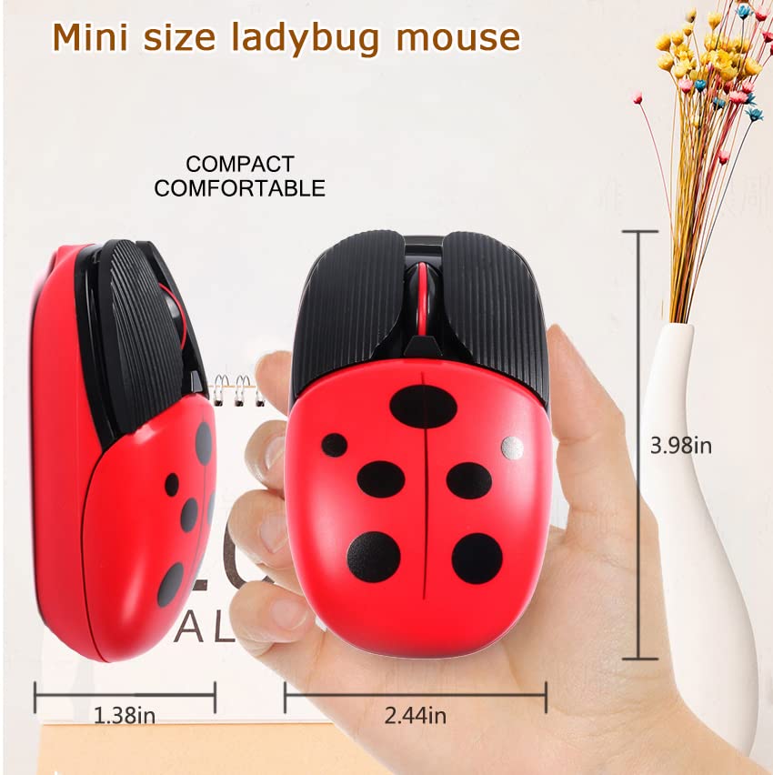 Wireless Bluetooth Mouse - Rechargeable 2.4G USB Optical Mouse with 1600 DPI, Low Noise, Cute Ladybug Design for Computer, Laptop, PC, Mac - Perfect for Office Work, Online Classes & Gaming