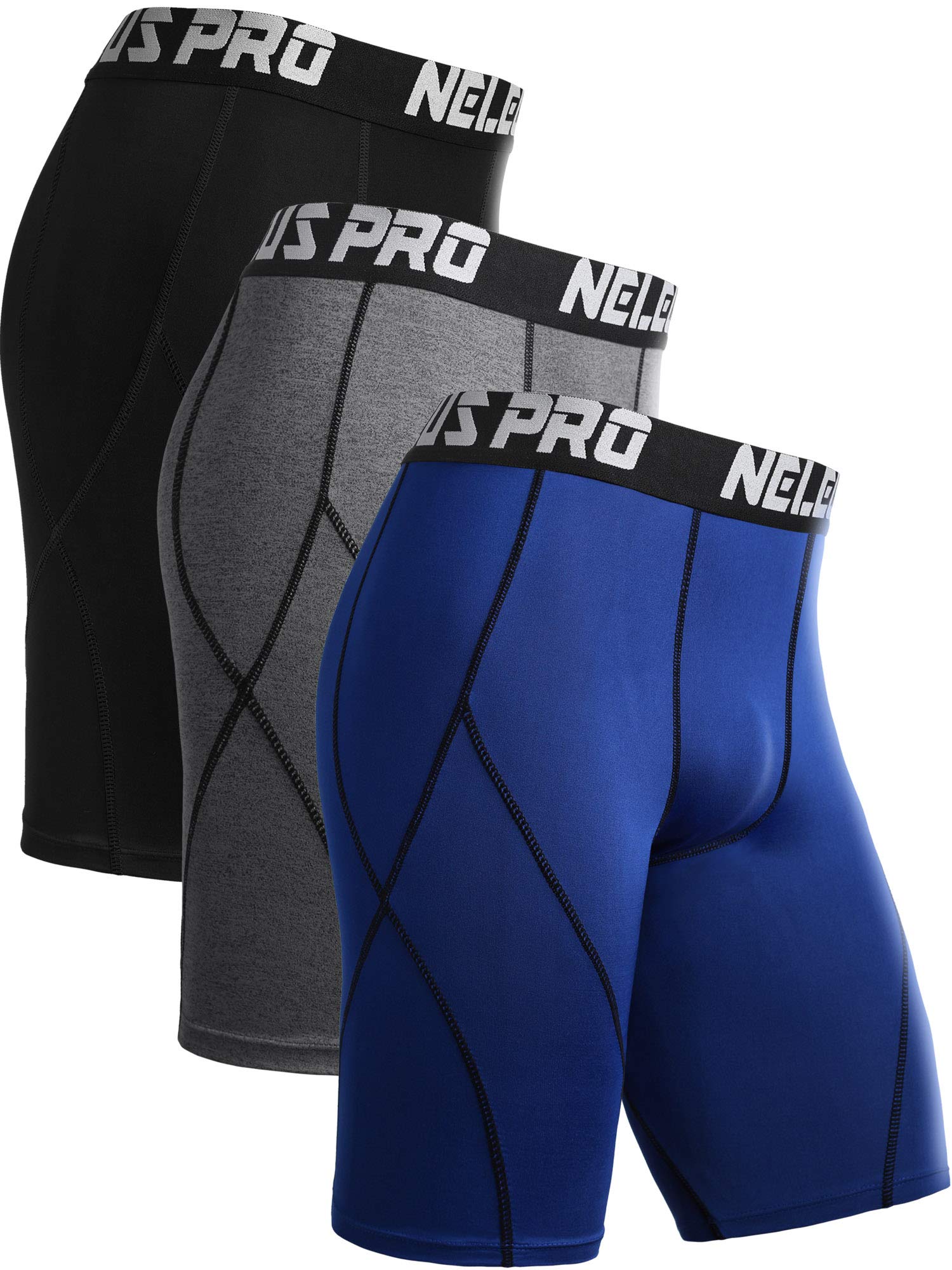 NELEUS Men's Compression Shorts 3-Pack - Moisture-Wicking, Breathable & Supportive Workout Shorts for Running, Gym & Sports