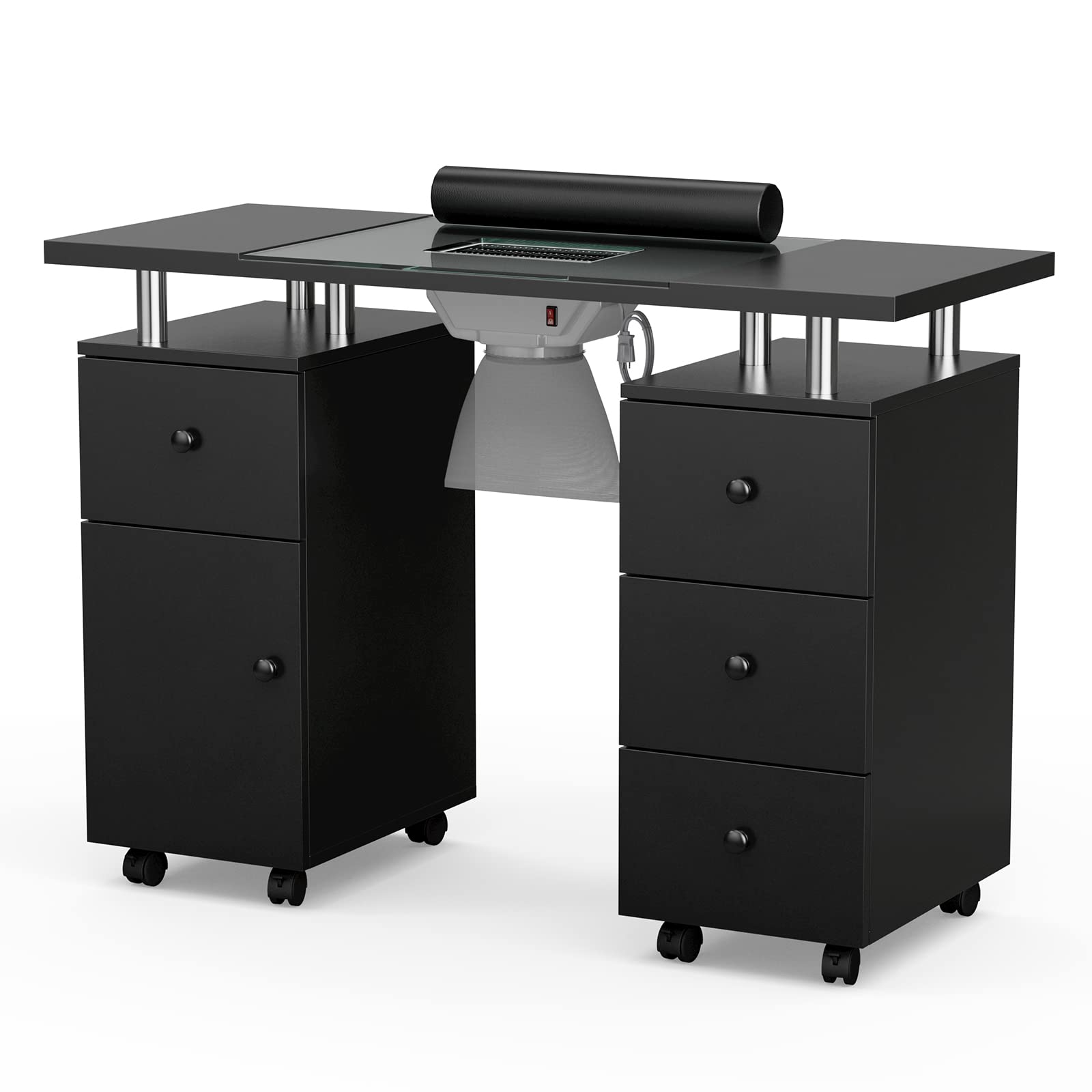 Premium Paddie Manicure Table with Glass Top - Professional Nail Salon Desk with Electric Downdraft Ventilation System, Wrist Cushion, Lockable Wheels & Storage Drawers - Perfect for Nail Technicians, Home Salons & Beauty Professionals (Black)
