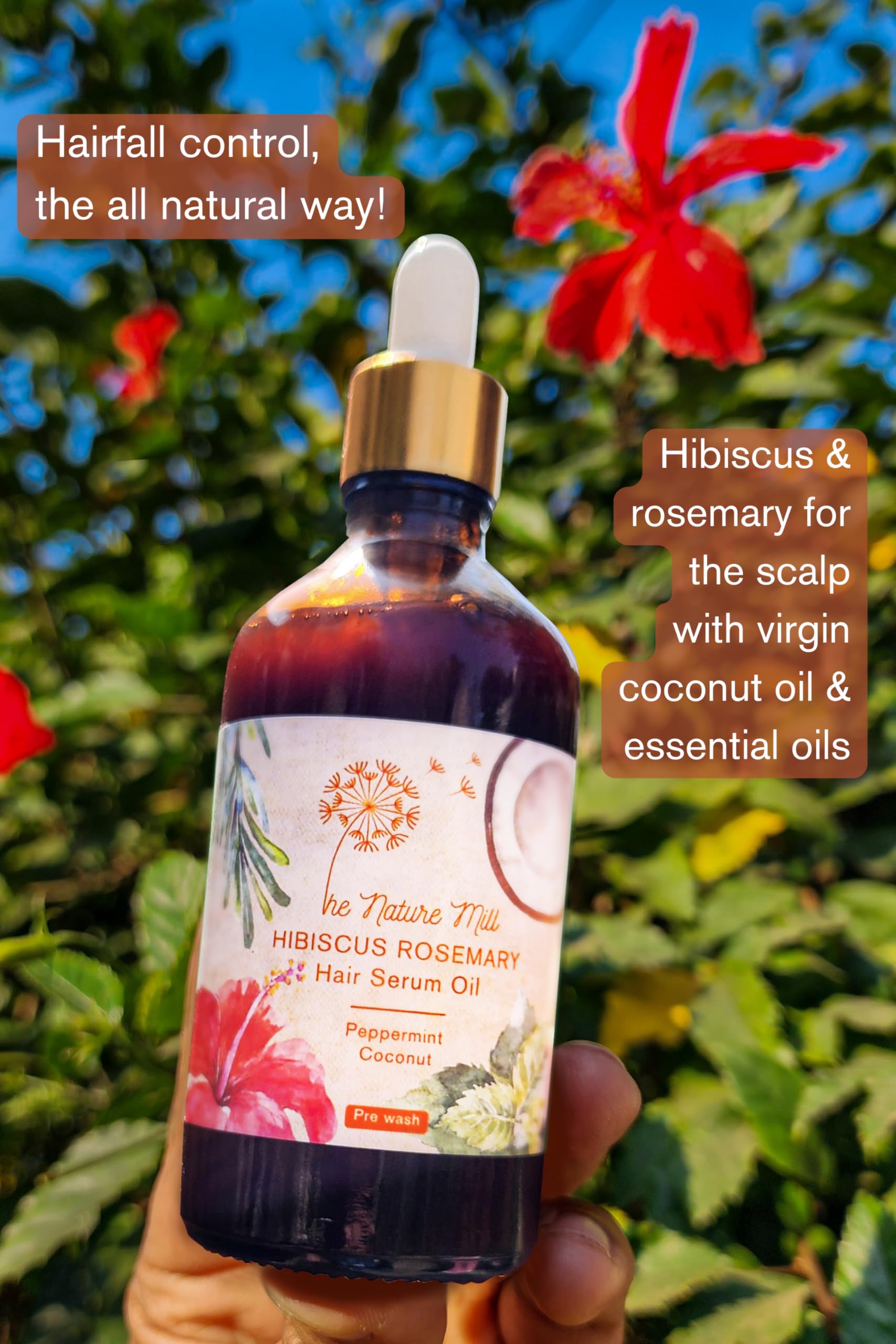 Nature Mill Hibiscus Rosemary Hair Serum Oil - 100ml Coconut Peppermint for Stronger Hair Growth | Natural Hair Care Treatment for Dry, Damaged Hair | Perfect for Daily Use & Scalp Massage