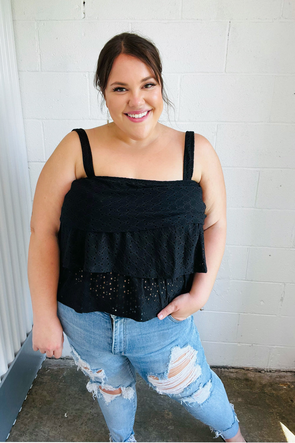 Black Eyelet Tiered Sleeveless Lined Top for Women - Summer Boho Chic Blouse - Perfect for Beach Vacations, Date Nights & Casual Outings