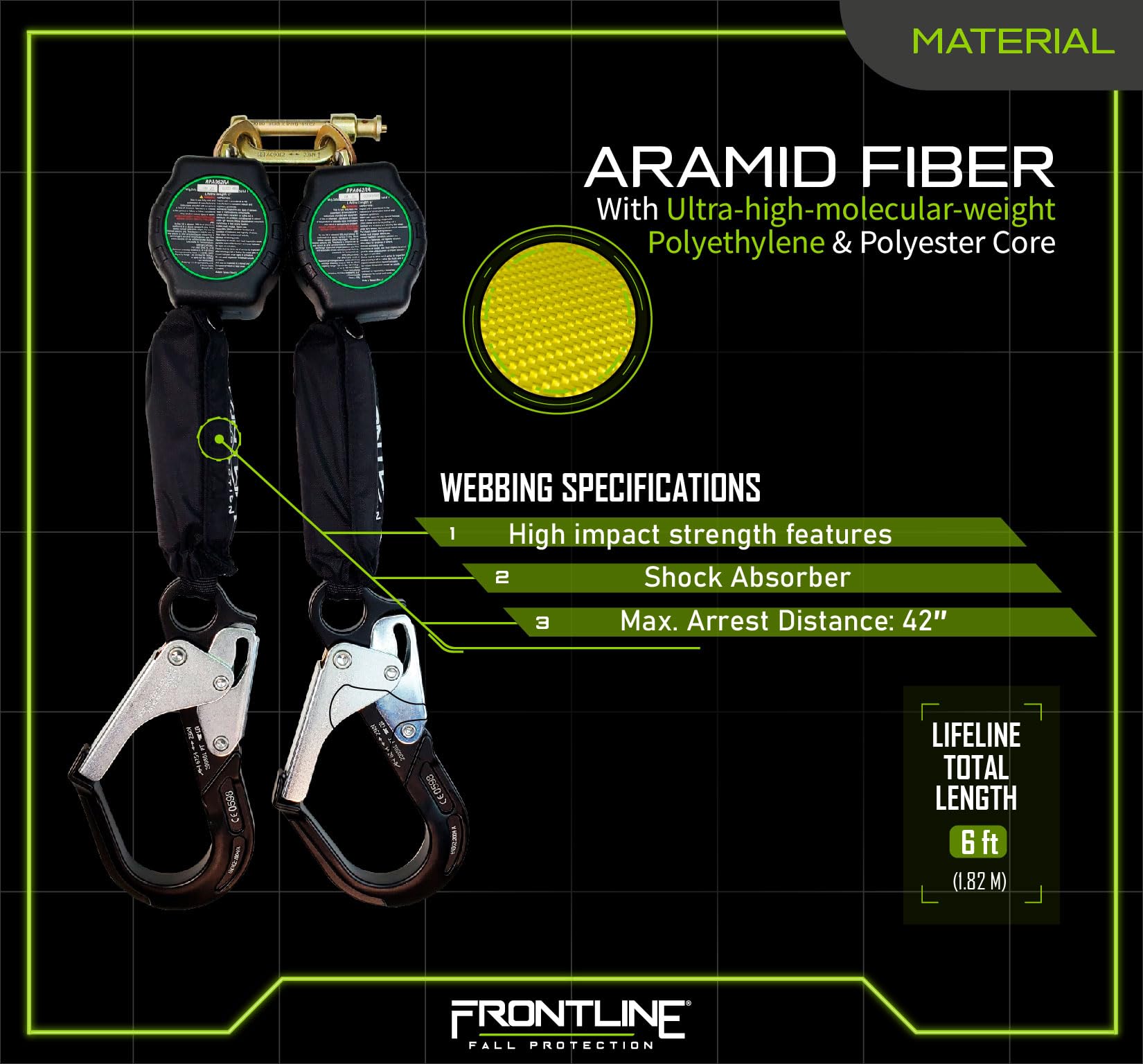 Frontline RPA062RA 6-Foot Aramid Web Twin Leg Self-Retracting Lifeline with Aluminum Rebar Hook Ends | 310 lbs Capacity | Lightweight & Durable Fall Protection Equipment | Aramid Fiber Webbing Safety Harness | ANSI & OSHA Compliant | ISO Certified | Ideal for Construction, Roofing & Industrial Work