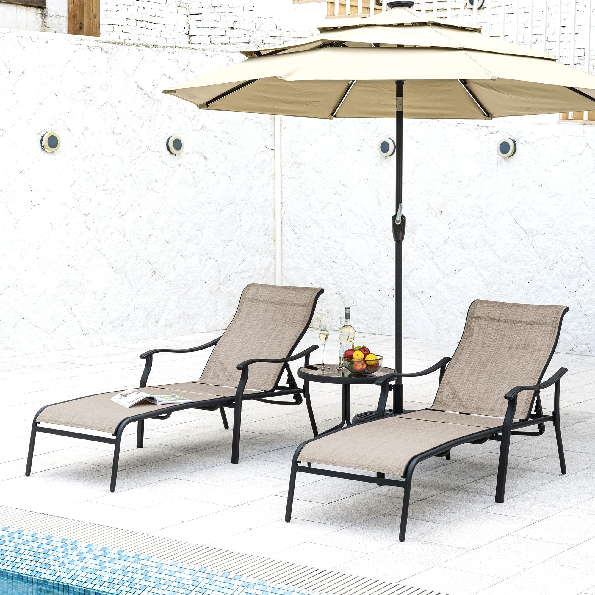 HAPPATIO 3-Piece Patio Chaise Lounge Set with Glass Coffee Table - Breathable Textilene Fabric Outdoor Lounge Chairs for Poolside, Backyard, Garden - Brown (Perfect for Sunbathing, Relaxing & Outdoor Entertaining)