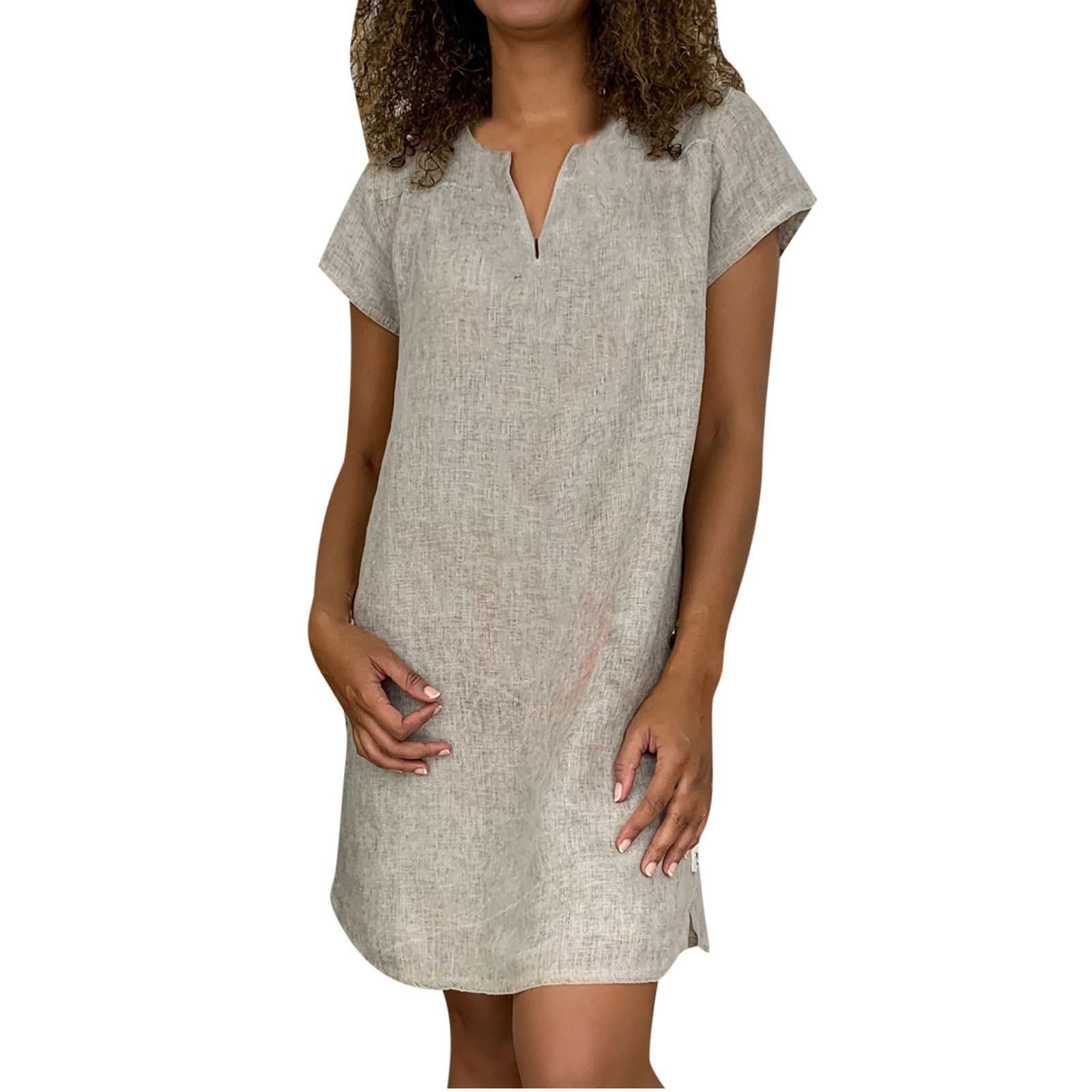 Women's Cotton Linen V-Neck Short Sleeve Tunic Sundress - Lightweight Soft Mini Dress for Summer, Beach, Vacation & Casual Wear