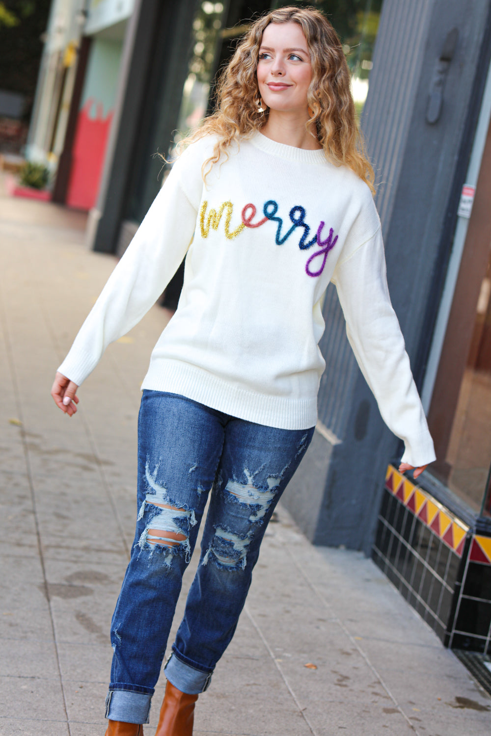 More the Merrier White Pop Up Lurex Sweater - Women's Sparkly Holiday Party Knitwear for Christmas, New Year & Special Occasions