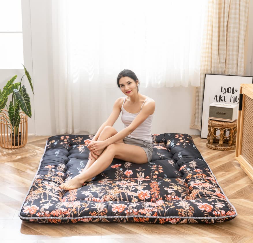 MAXYOYO Black Floral Japanese Futon Floor Mattress - Portable Thick Sleeping Pad for Camping, Guest Room & Travel | Queen Size Foldable Mattress Topper | Ideal for Floor Beds, Couches & Small Spaces