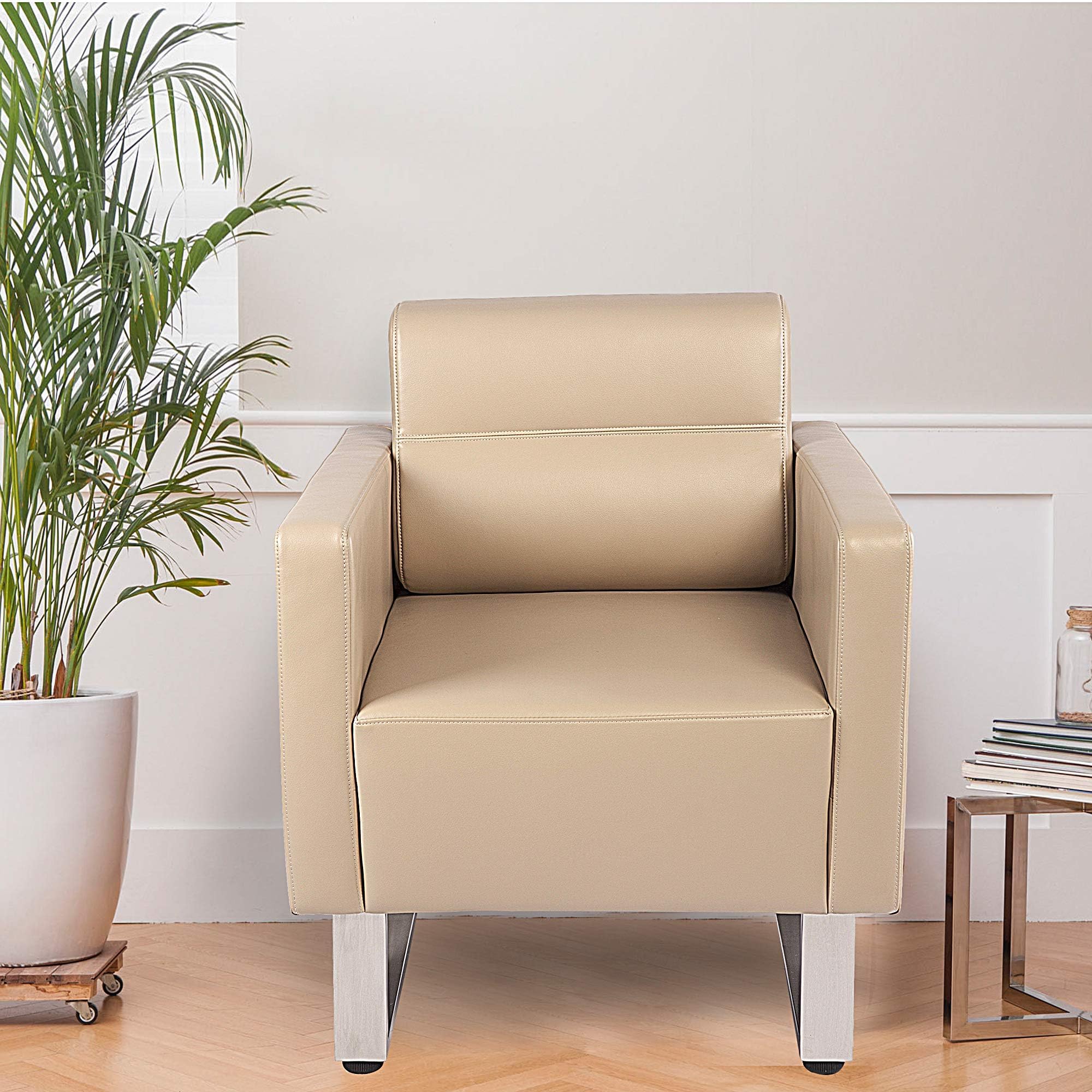 Luckyermore Leather Accent Chair - Soft Upholstered Barrel Sofa for Office Waiting Room, Reception, Guest, Living Room & School - Comfortable Armchair in Beige | Perfect for Lobbies, Clinics, and Home Decor