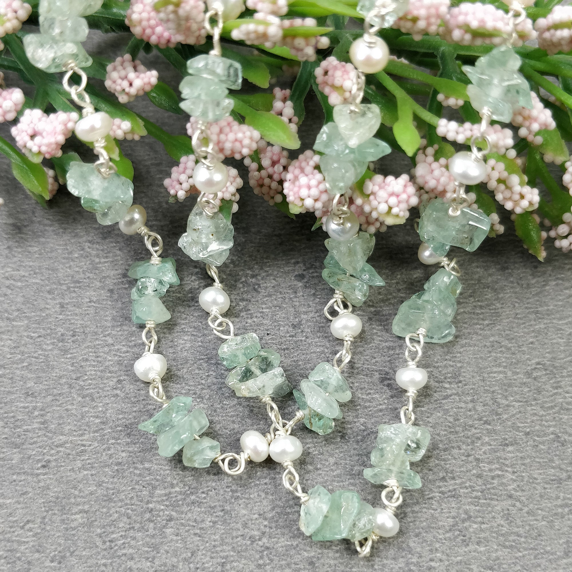 Natural Raw Uncut Emerald & Pearl Gemstone Beads Necklace - 925 Sterling Silver Chain, 16 Inch Statement Jewelry Gift for Women - Perfect for Weddings, Parties, and Special Occasions
