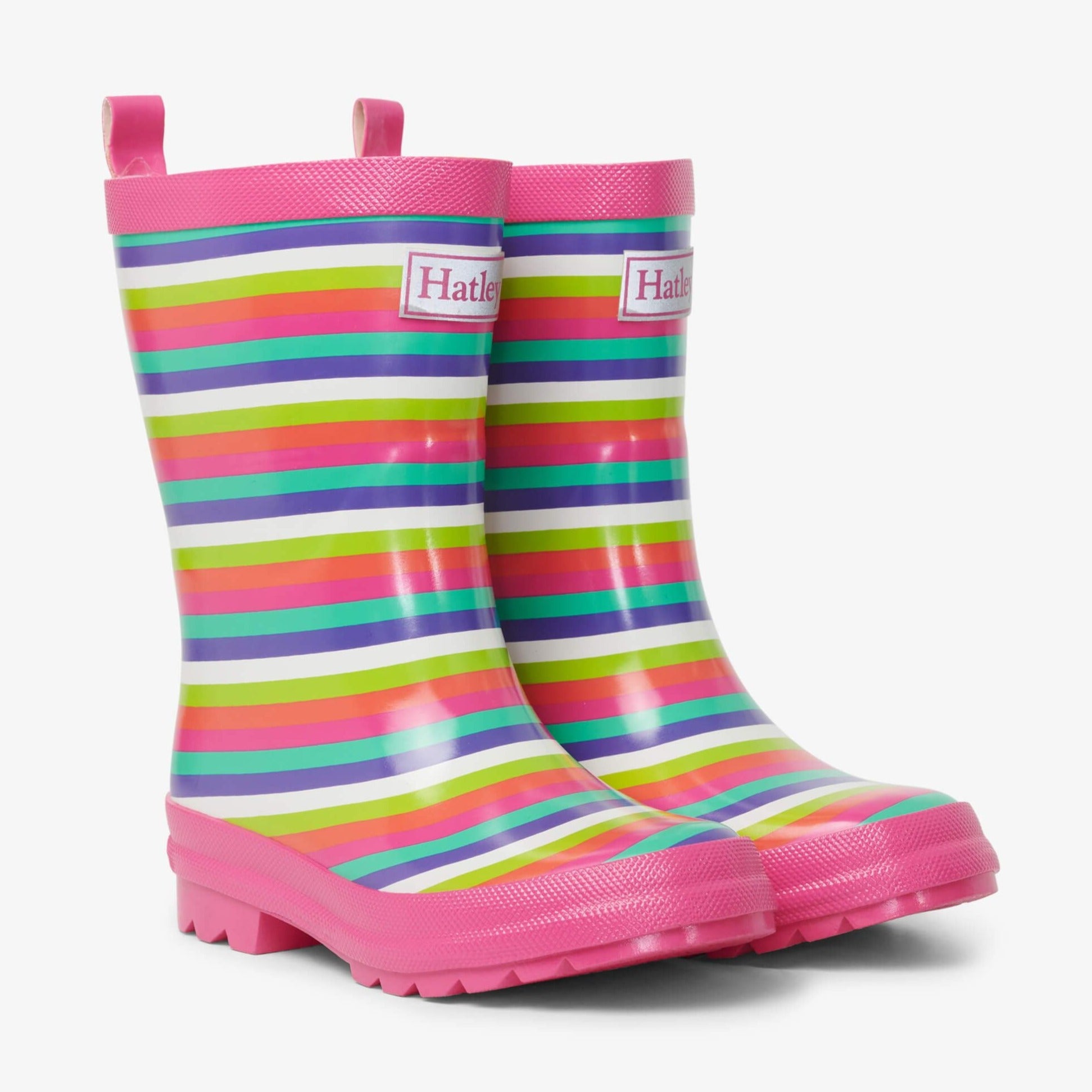 Hatley Rainbow Stripes Shiny Rain Boots for Women & Kids - Waterproof Garden Boots for Outdoor, Puddle Jumping & Farm Use