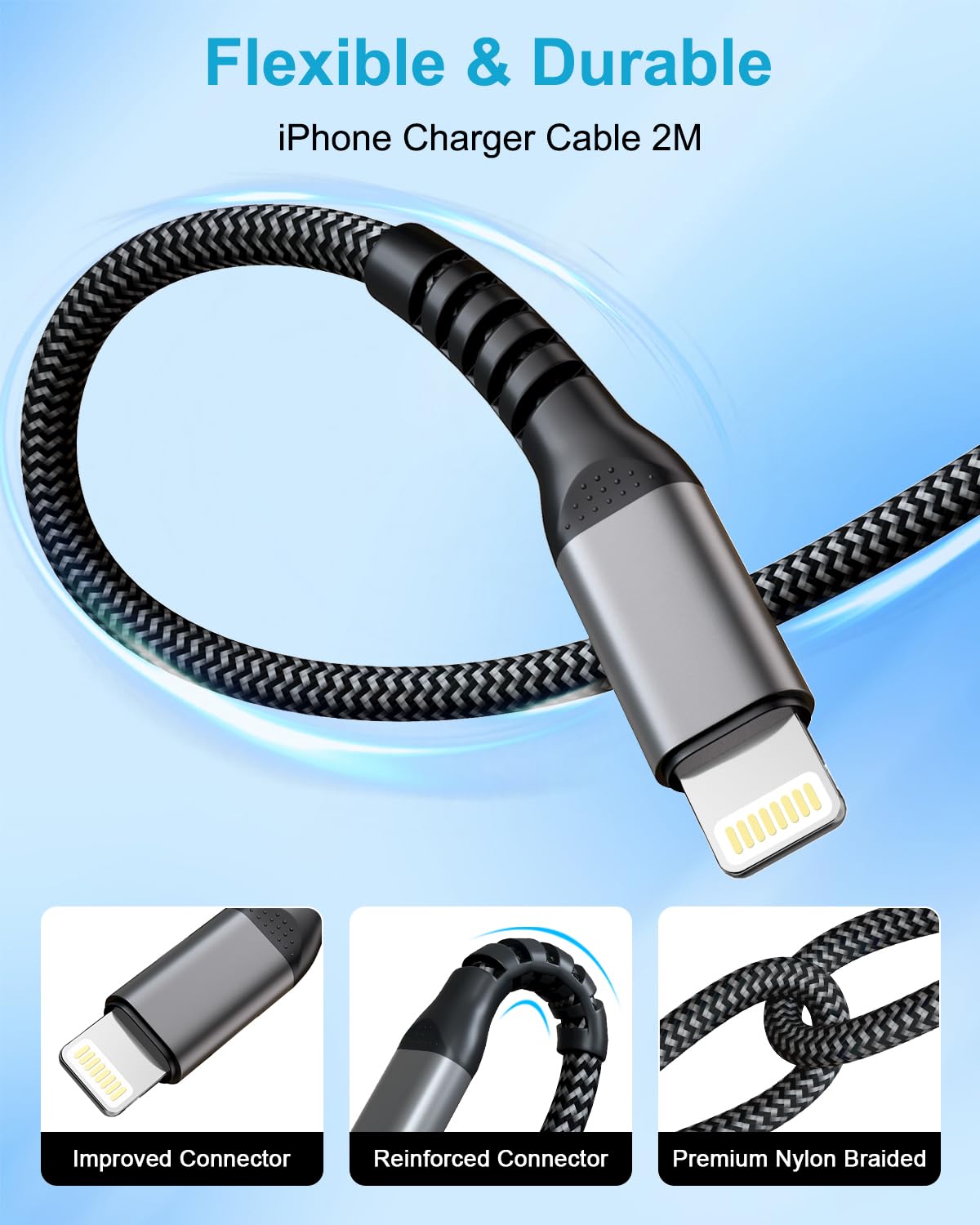 Apple MFi Certified USB C to Lightning Cable 2M - Fast Charging iPhone Cable with Nylon Braided for iPhone 14/13/12/11/Pro Max/Mini - Durable Charger Wire for Home, Office & Travel Use