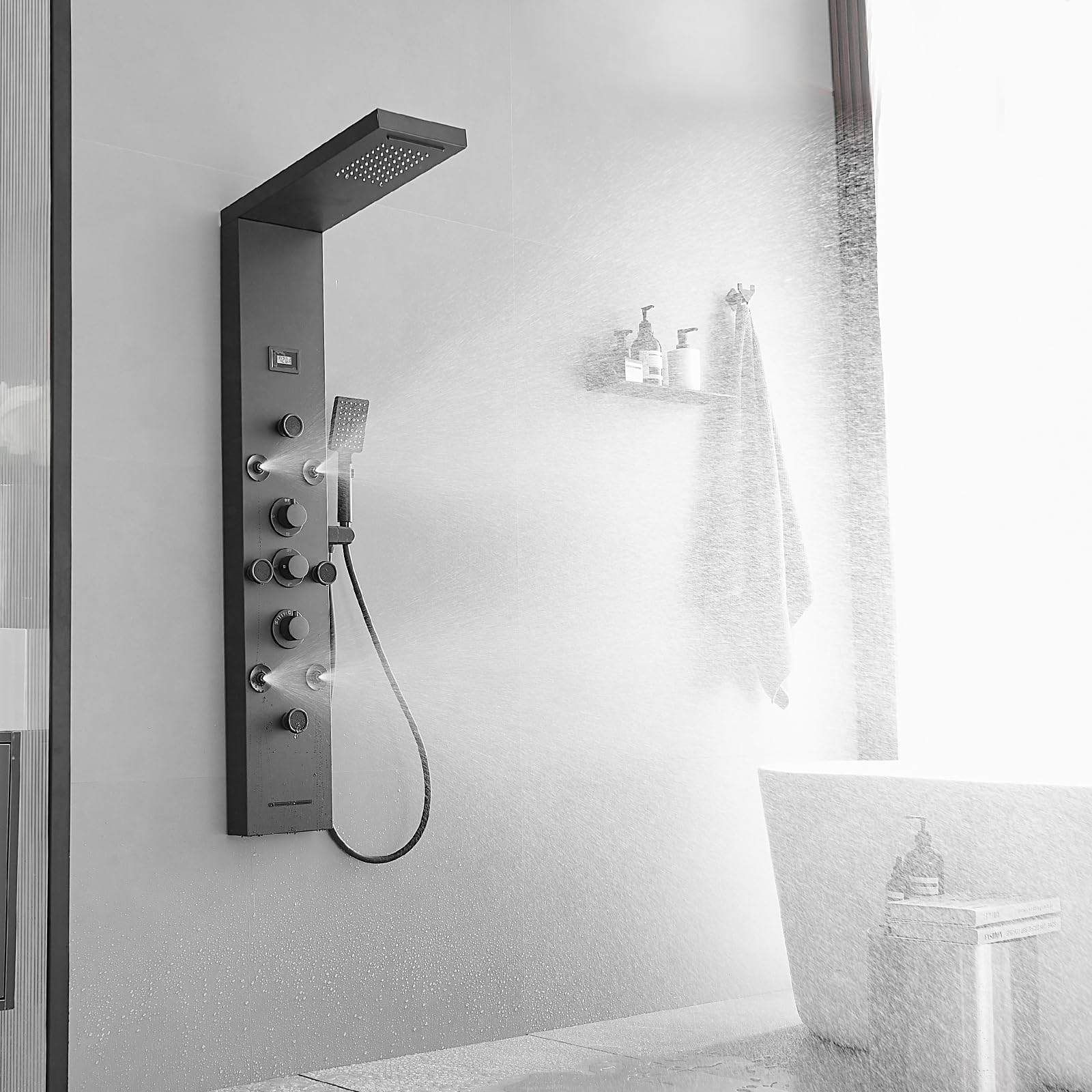 6-in-1 Matte Black Shower Tower Panel System with Rainfall Shower Head, Body Spray Jets, Waterfall & Temperature Display - Perfect for Spa-Like Bathroom Experience & Luxury Home Renovation