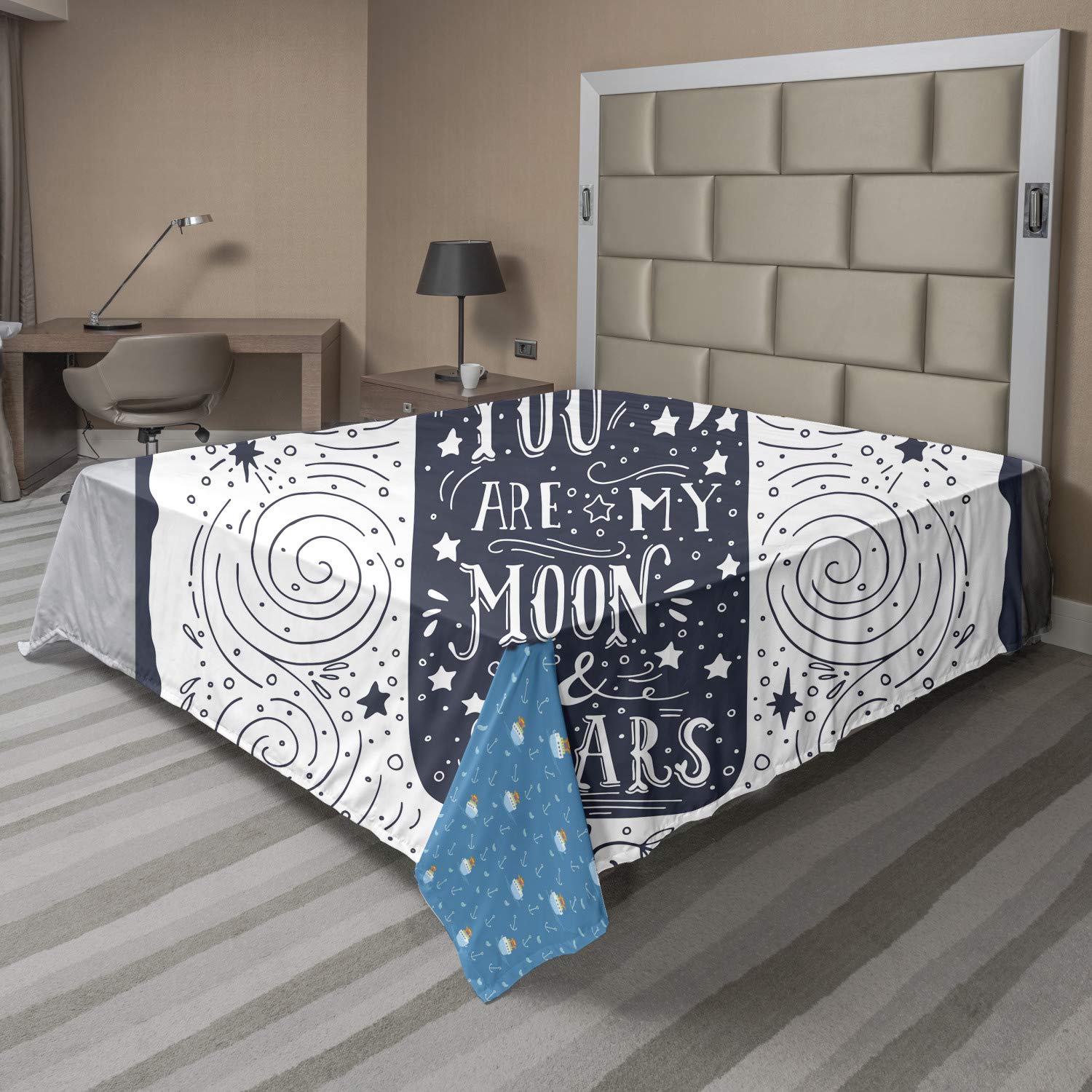Ambesonne Vintage Doodle Flat Sheet - California King Size Soft Comfortable Decorative Bedding with Stars, Jar & Hand Lettering in Dark Blue Grey White | Perfect for Boho Bedroom Decor, Guest Room Makeover & Photo Backdrops