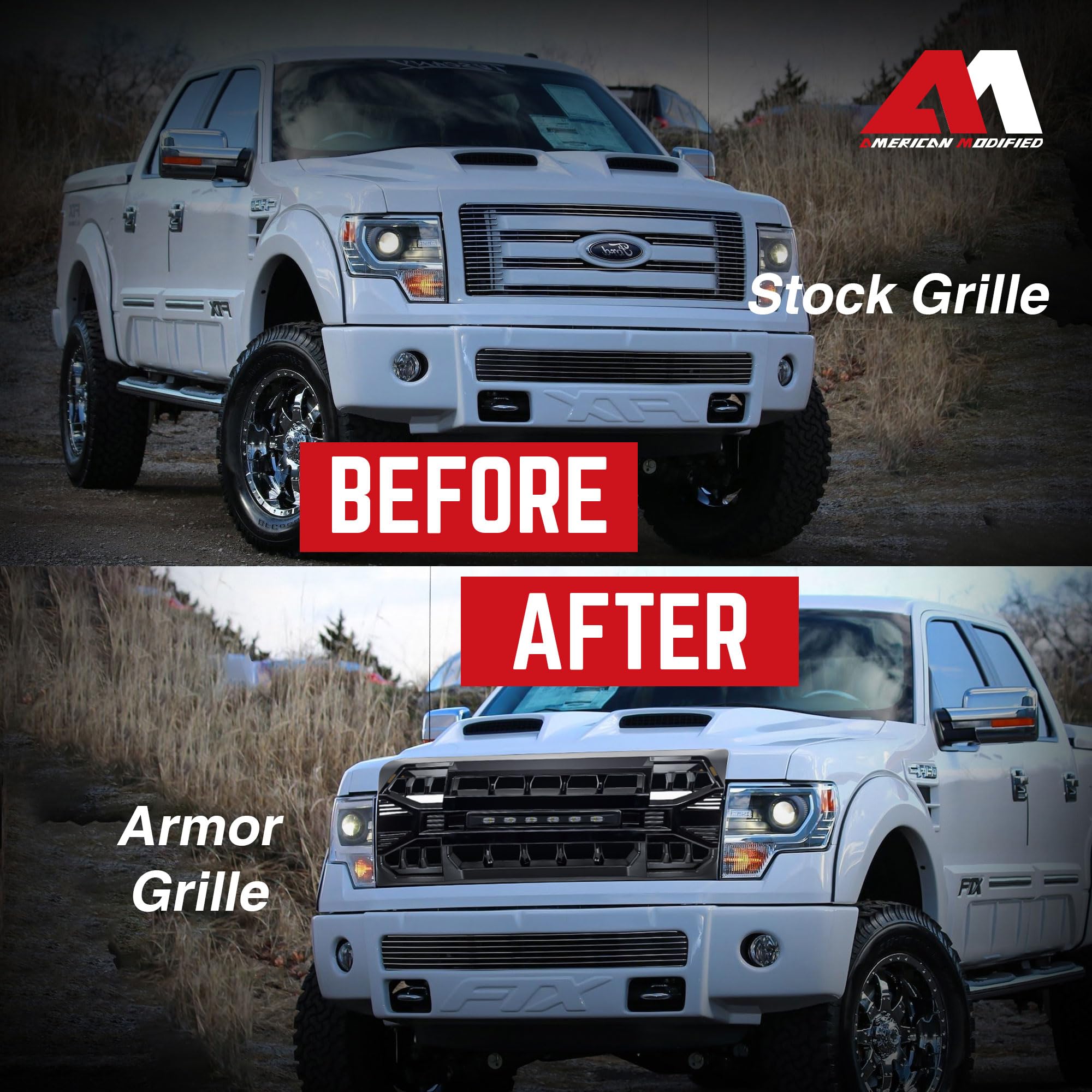 Direct Fit Replacement Front Armor Grille for 2009-2014 Ford F150 with Off-Road Lights - Glossy Black | Heavy Duty Truck Accessory for Off-Roading & Customization