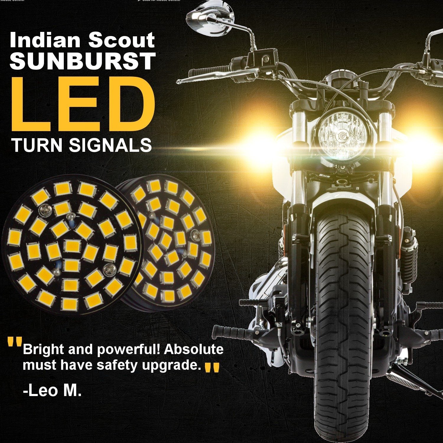 Indian Scout SUNBURST LED Turn Signals Pair - High Visibility Amber Lights for Motorcycle Safety - Perfect for Night Riding & Custom Bike Builds