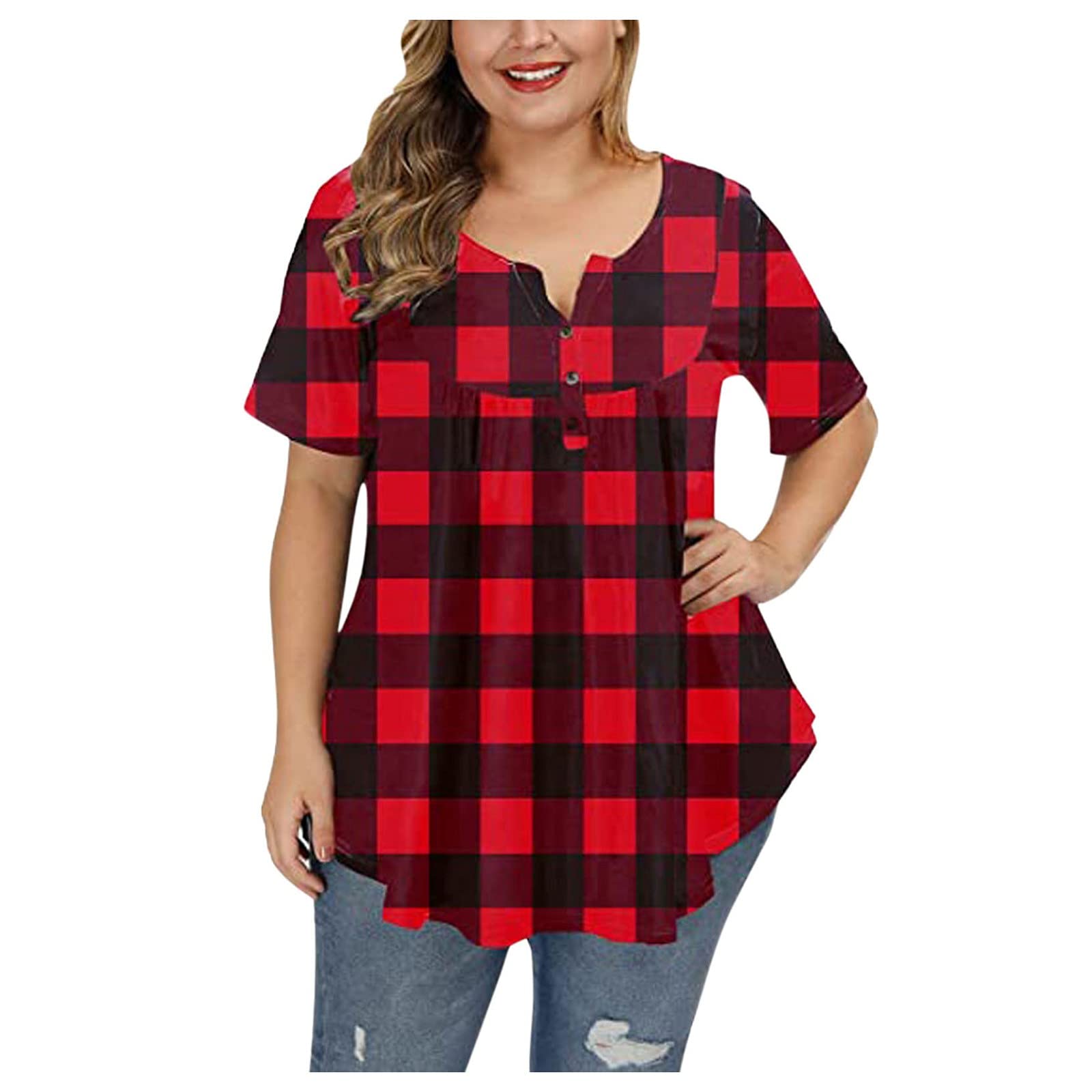 Plus Size Floral Blouses for Women - Stylish Henley V-Neck Button Up Plaid Print Tunic Tops with Ruffle & Flowy Short Sleeve | Casual Wear, Office Outfits & Summer Fashion