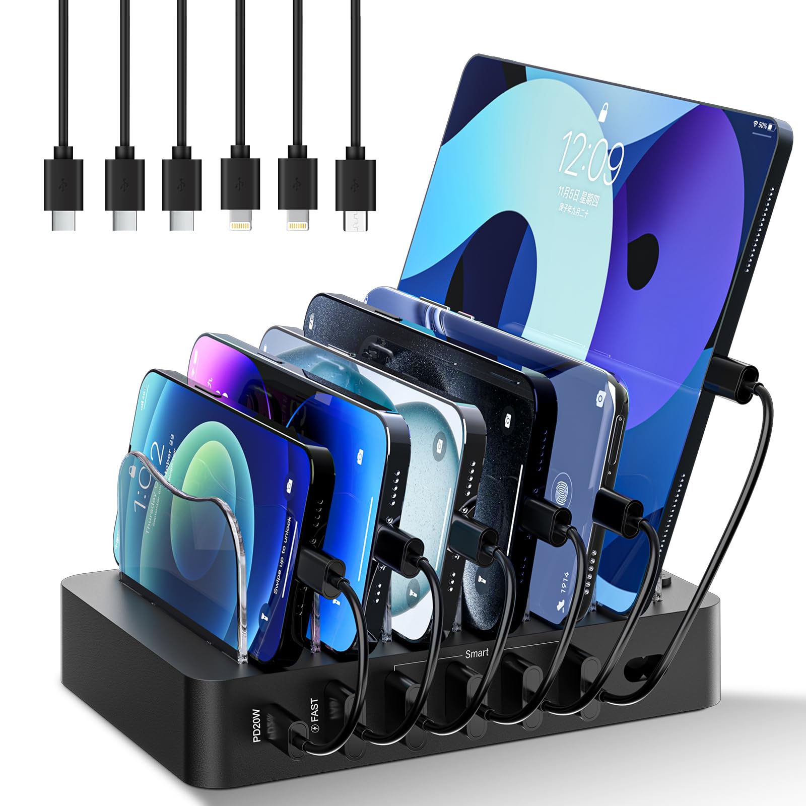 68W 6-Port Fast Charging Station with 6 Cables - for iPhone, iPad, Tablets & More (Black) - Perfect for Home & Office Use