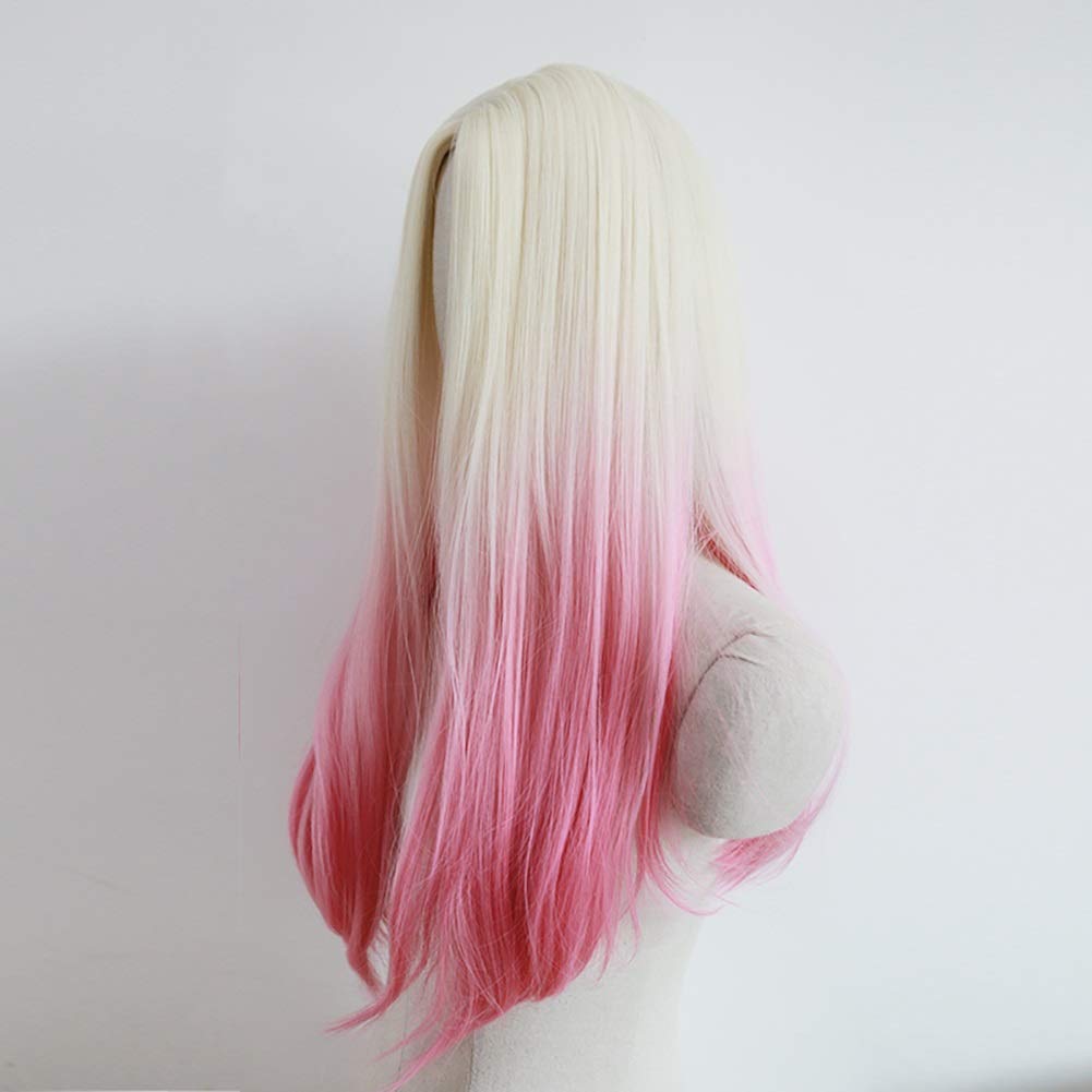 Long Straight Synthetic Hair Wigs for Women - Heat Resistant Freetress Wig with Gradient Pink & Blonde Highlights | Perfect for Cosplay, Parties & Daily Wear (Pink+Blonde)