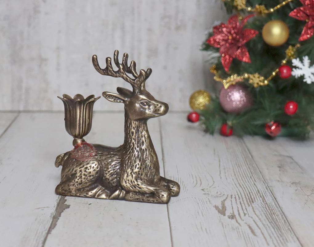 Brass Christmas Reindeer Candle Holders - Set of 2, Elegant Deer Candlestick Holders for Mantel, Table, Window or Fireplace Decor, Perfect Holiday Season Home Decoration & Gift Idea for Christmas