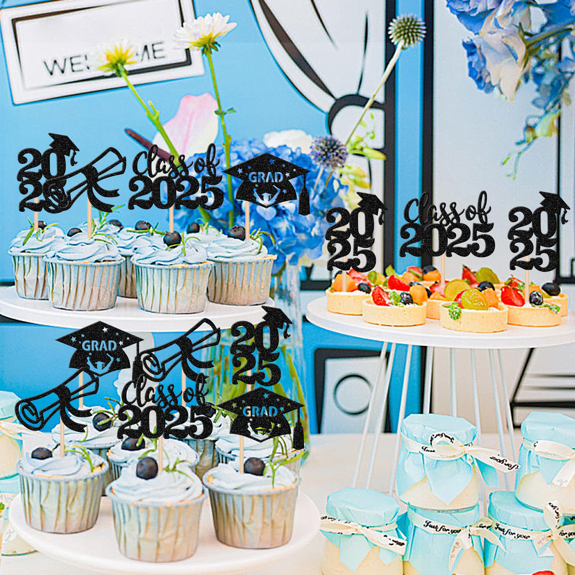 24 PCS 2025 Graduation Cupcake Toppers - Glitter Class of 2025 Diploma & Grad Cap Cupcake Picks - Perfect for Graduation Party Cake Decorations & Supplies (Black) - Ideal for Graduation Celebrations, School Parties & Dessert Table Decor