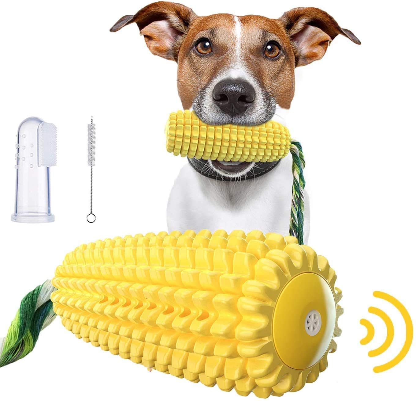 **Pethopku Indestructible Dog Chew Toys for Aggressive Chewers – Corn-Shaped Squeaky Rope & Rubber Toy for Small & Medium Dogs with Teeth Cleaning Stick & Finger Toothbrush (Set A) – Perfect for Playtime, Training, and Dental Care**